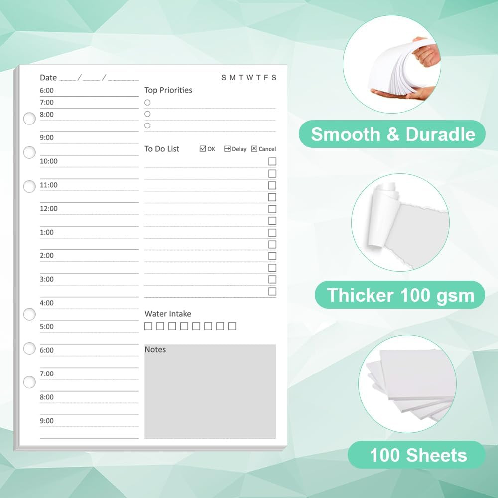 Undated Daily Planner Refill – A5 Planner Inserts, 100 Sheets/200 Pages, 6 Hole