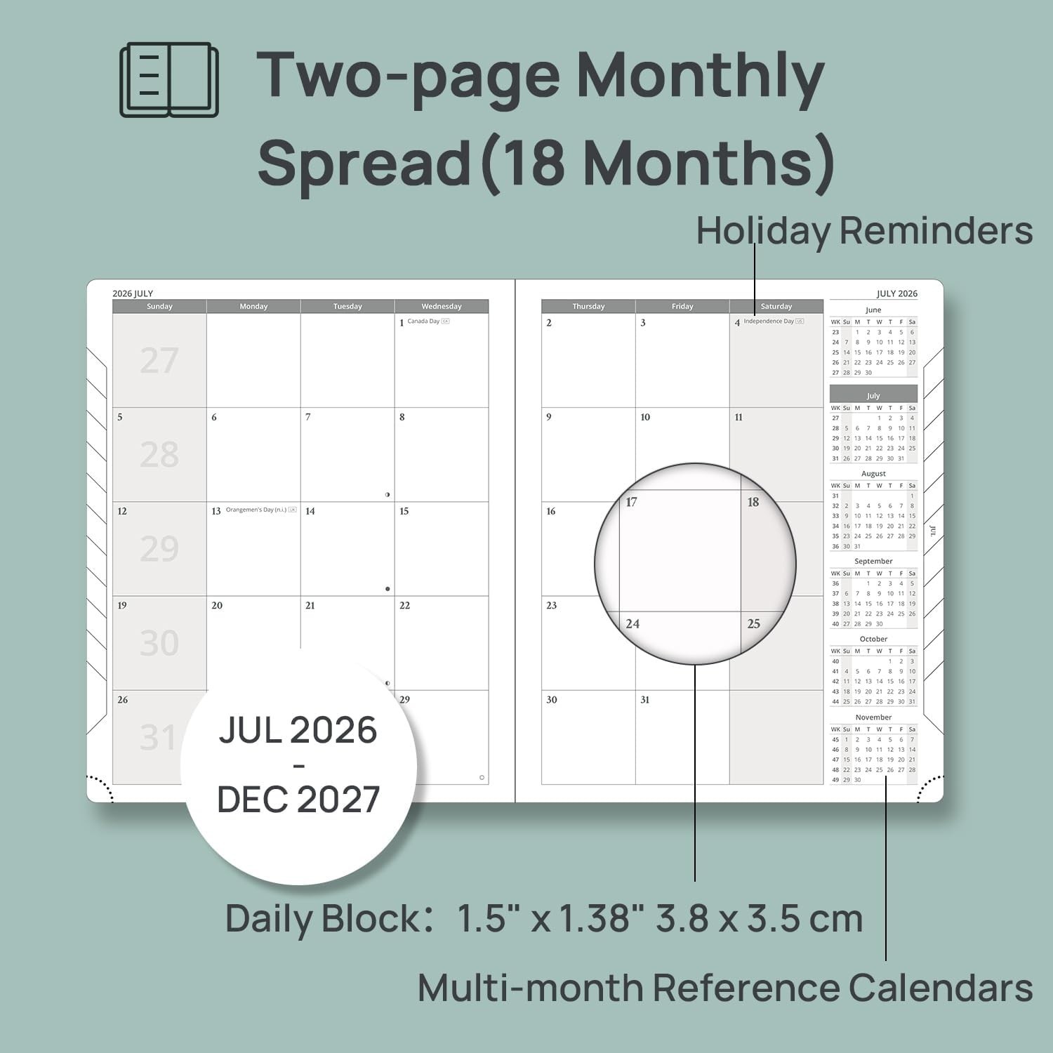 2026-2027 Monthly Planner – 18-Month Calendar Book, Soft Cover, 6.5”x8.5”, Tab