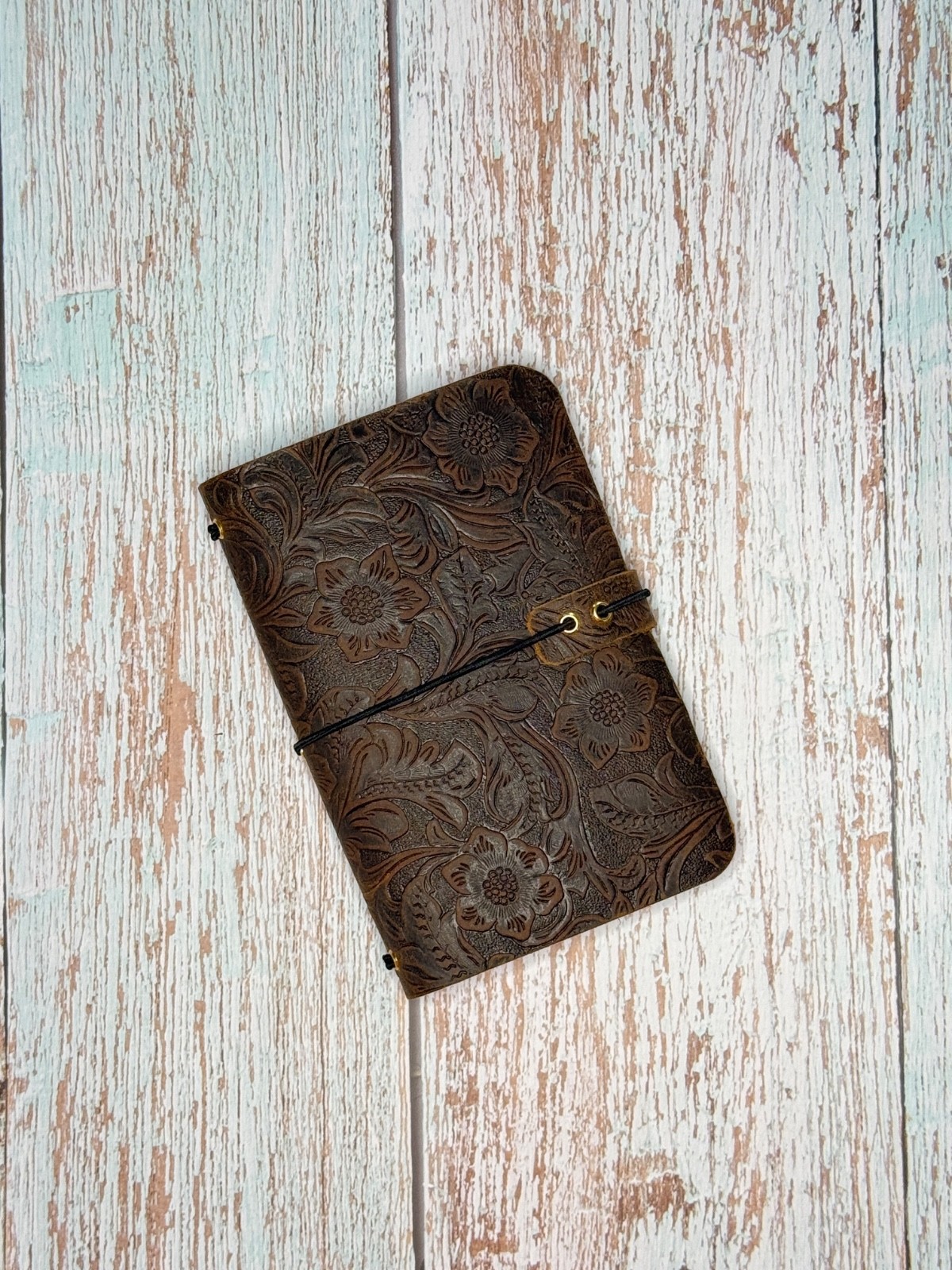Handmade embossed brown leather pocket journal, refillable, 3 blank inserts