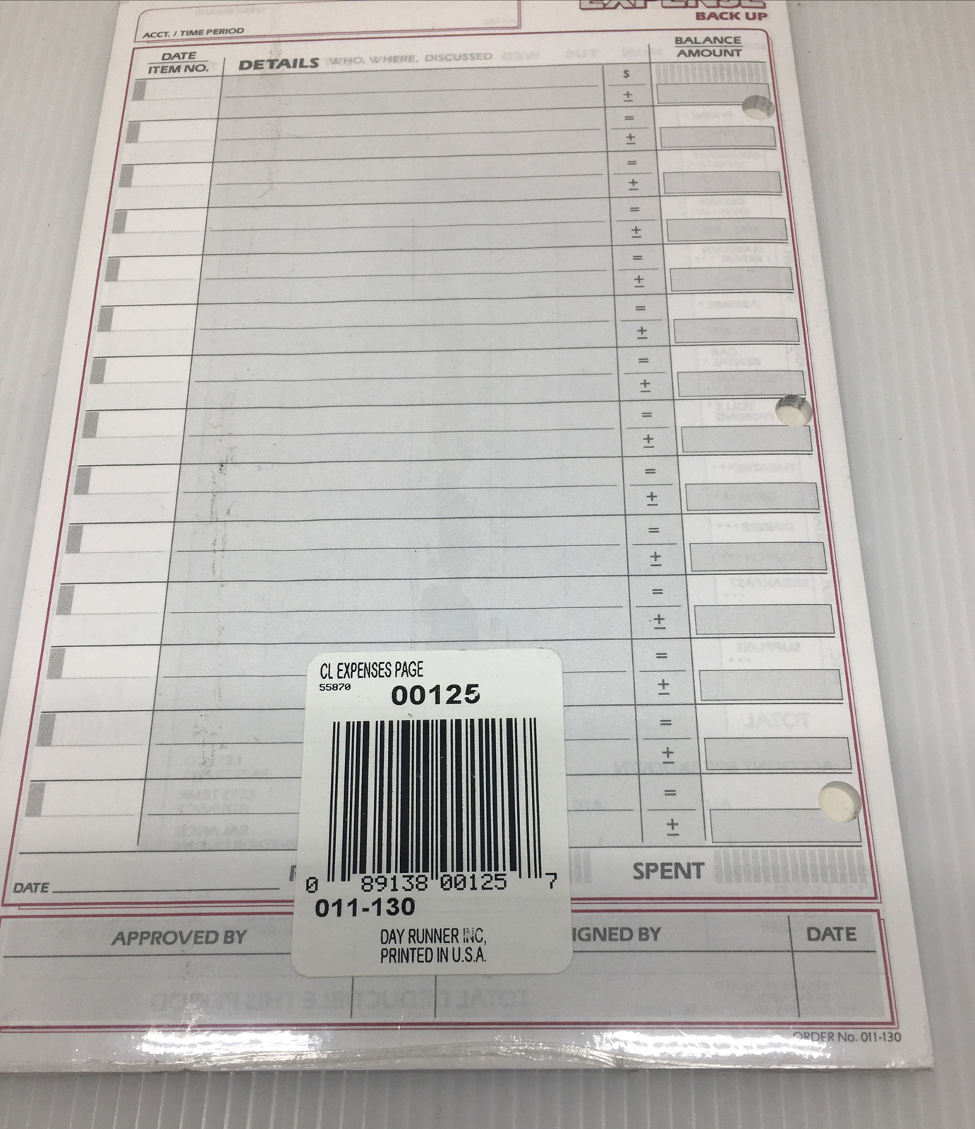 Day Runner Expenses Refill Pages #00125- 5 1/2 x 8 1/2, 30 pages per pack-3 ring