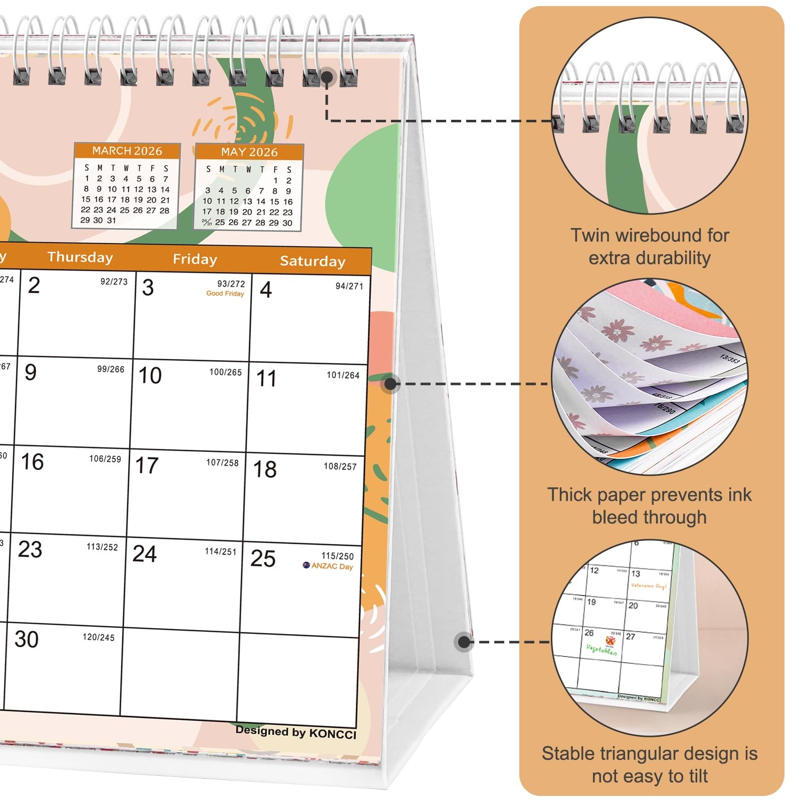 Small Desk Calendar 2026-2027, Koncci Standing Flip 8.5 x 7 inches, Colorful