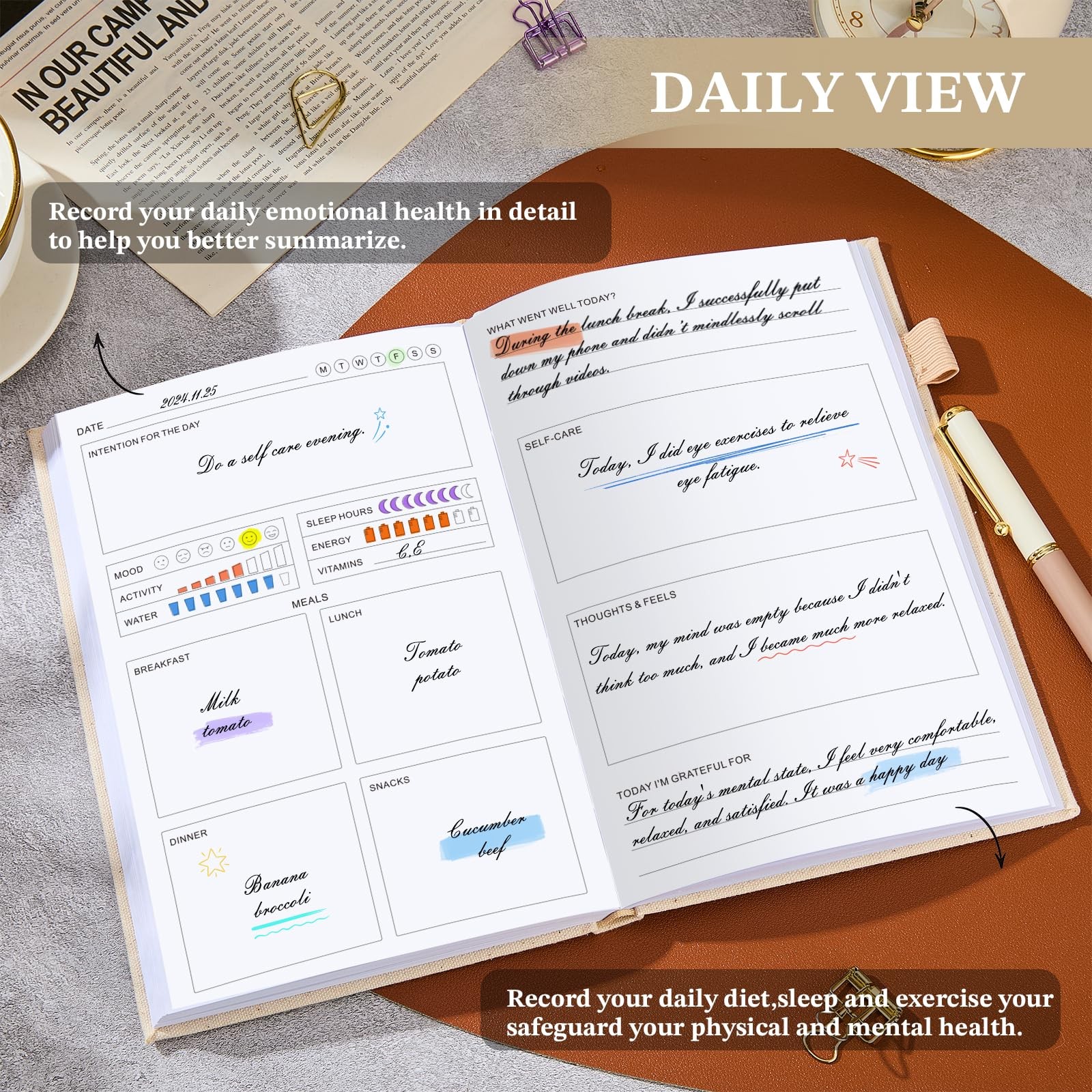 Wellness Journal Planner- Gratitude & Mindset Mental Health A5, khaki