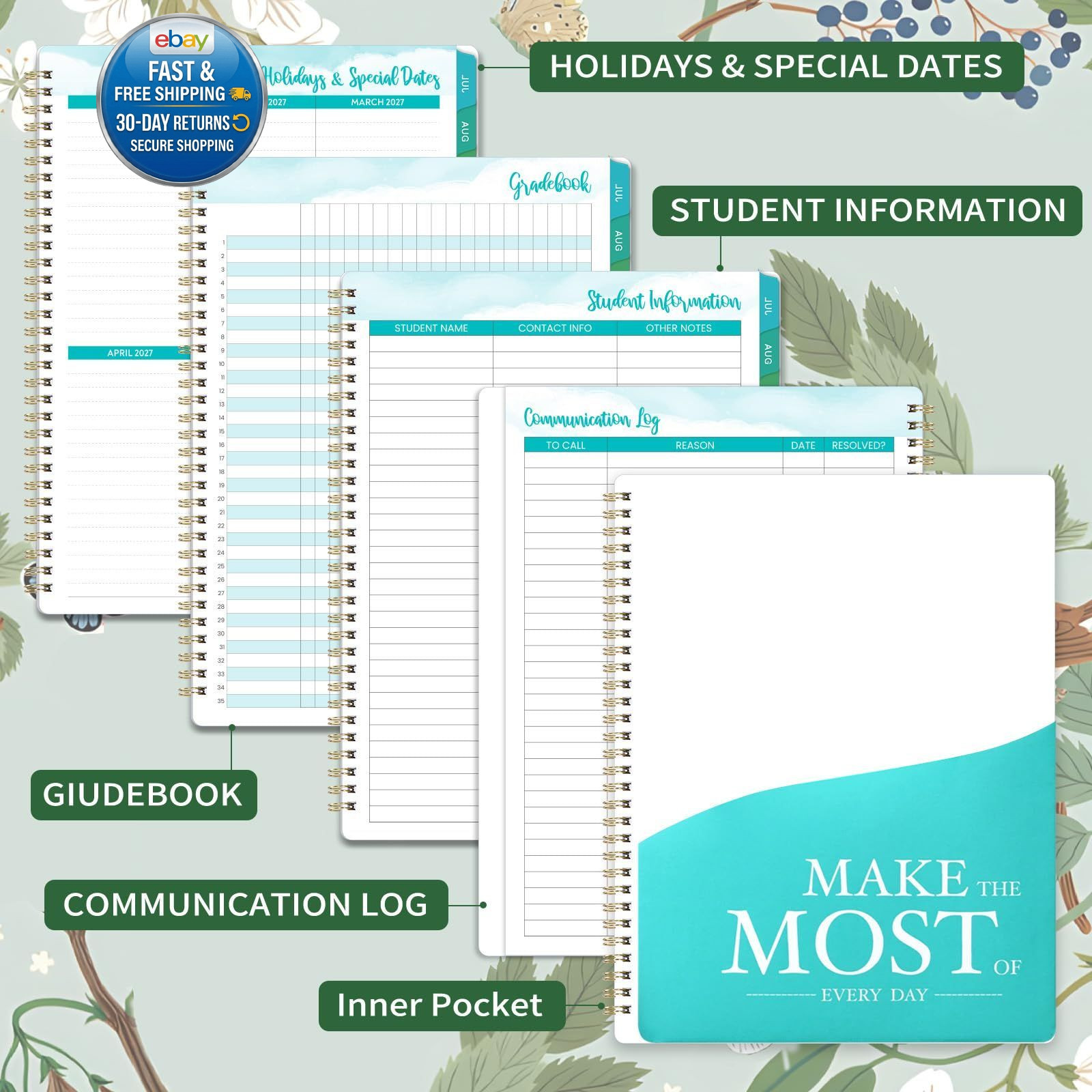 Teacher Planner 2026-2027 – Lesson 9″x11″, Green & Floral
