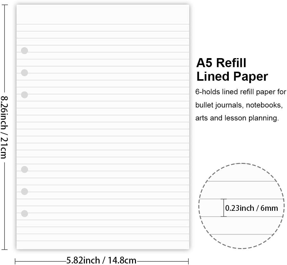 A5 Lined Paper, Refills for Filofax Planner, Organizer, Binders, 6 Hole Punched,