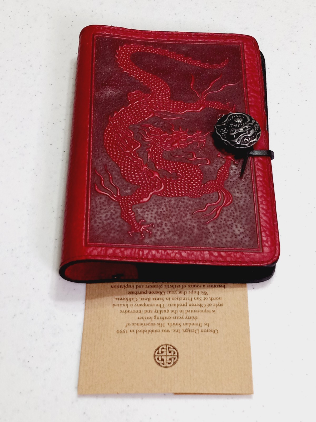 Oberon Design Burgundy Leather Journal Cover Embossed RED Dragon Design