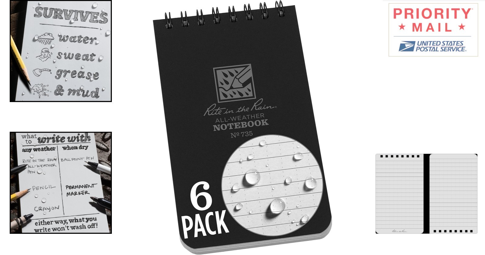 Weatherproof Spiral Notebook 3 x 5 Black Cover Portable 6 Pack Waterproof Paper