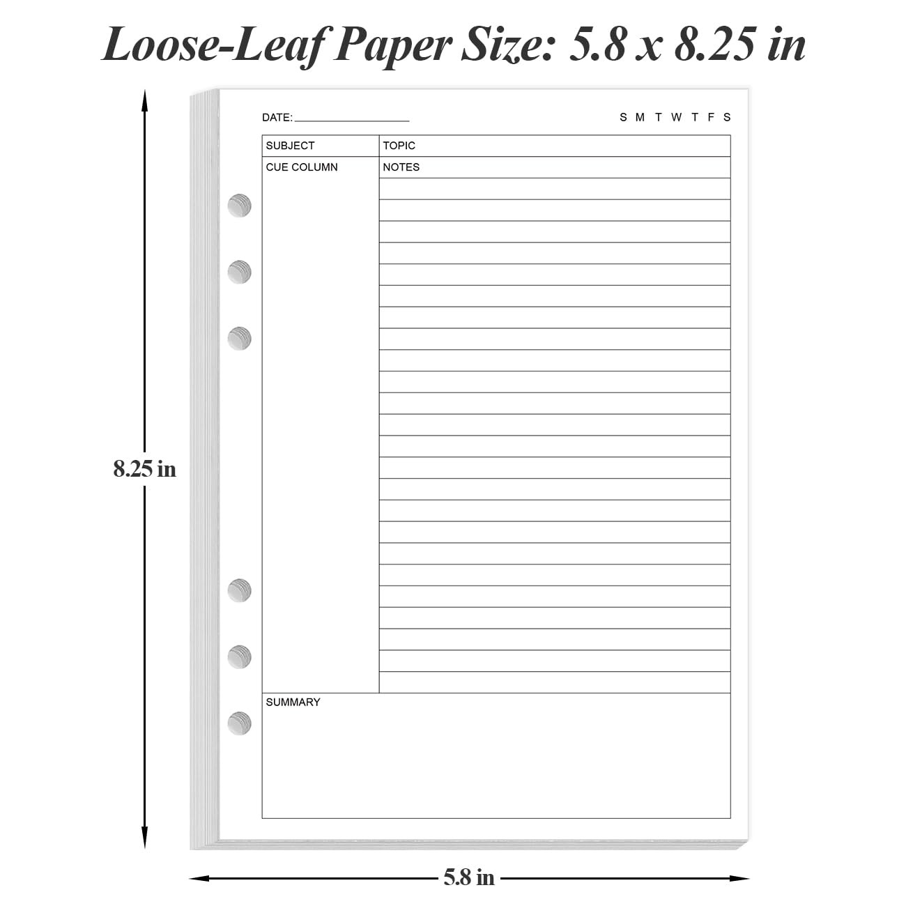 2 Pack Cornell Notes Filler Paper A5 Binder 6 Hole 100 Sheets 5.8×8.3 In
