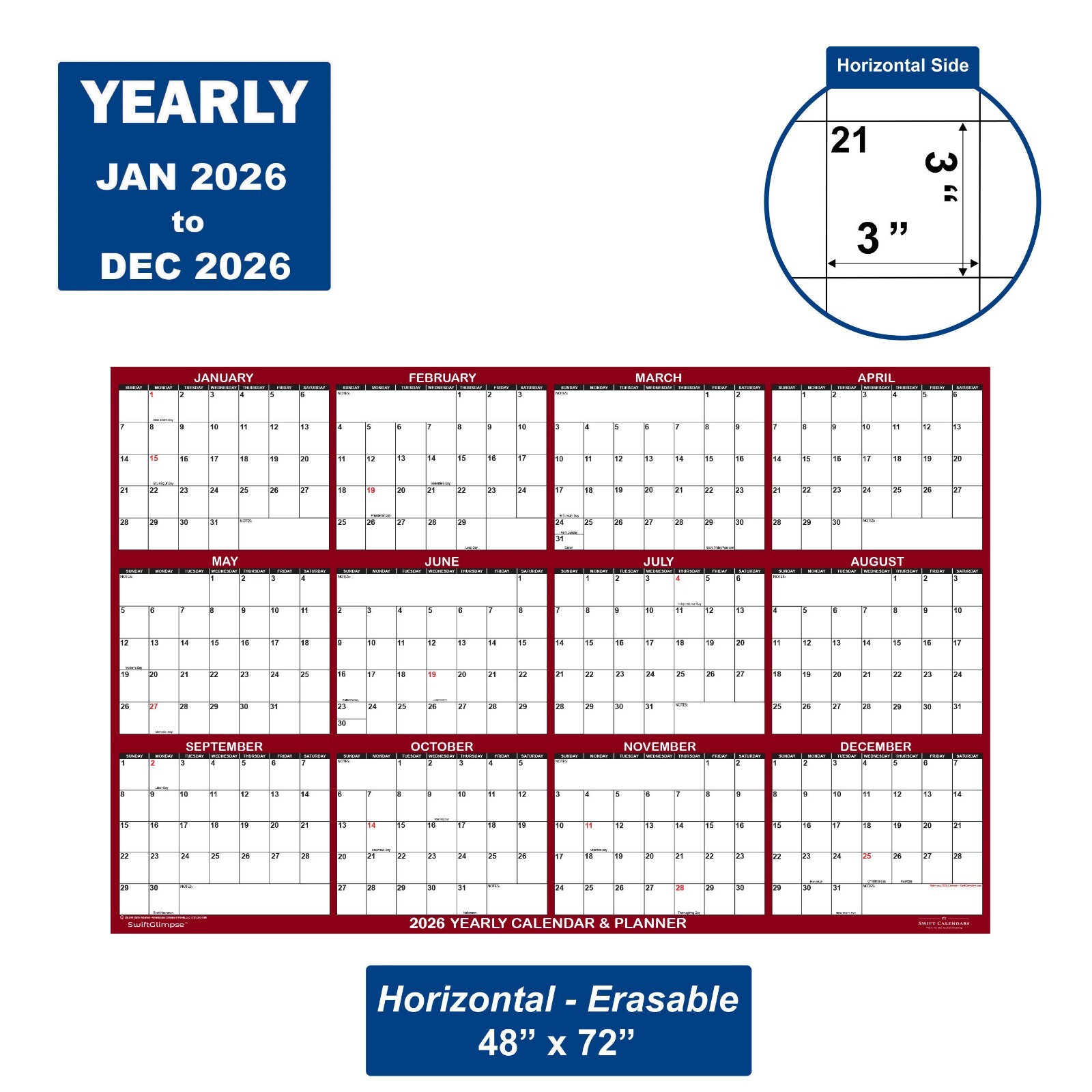 48×72 SwiftGlimpse 2024 Erasable Wall Calendar Planner, Huge Planning – Maroon