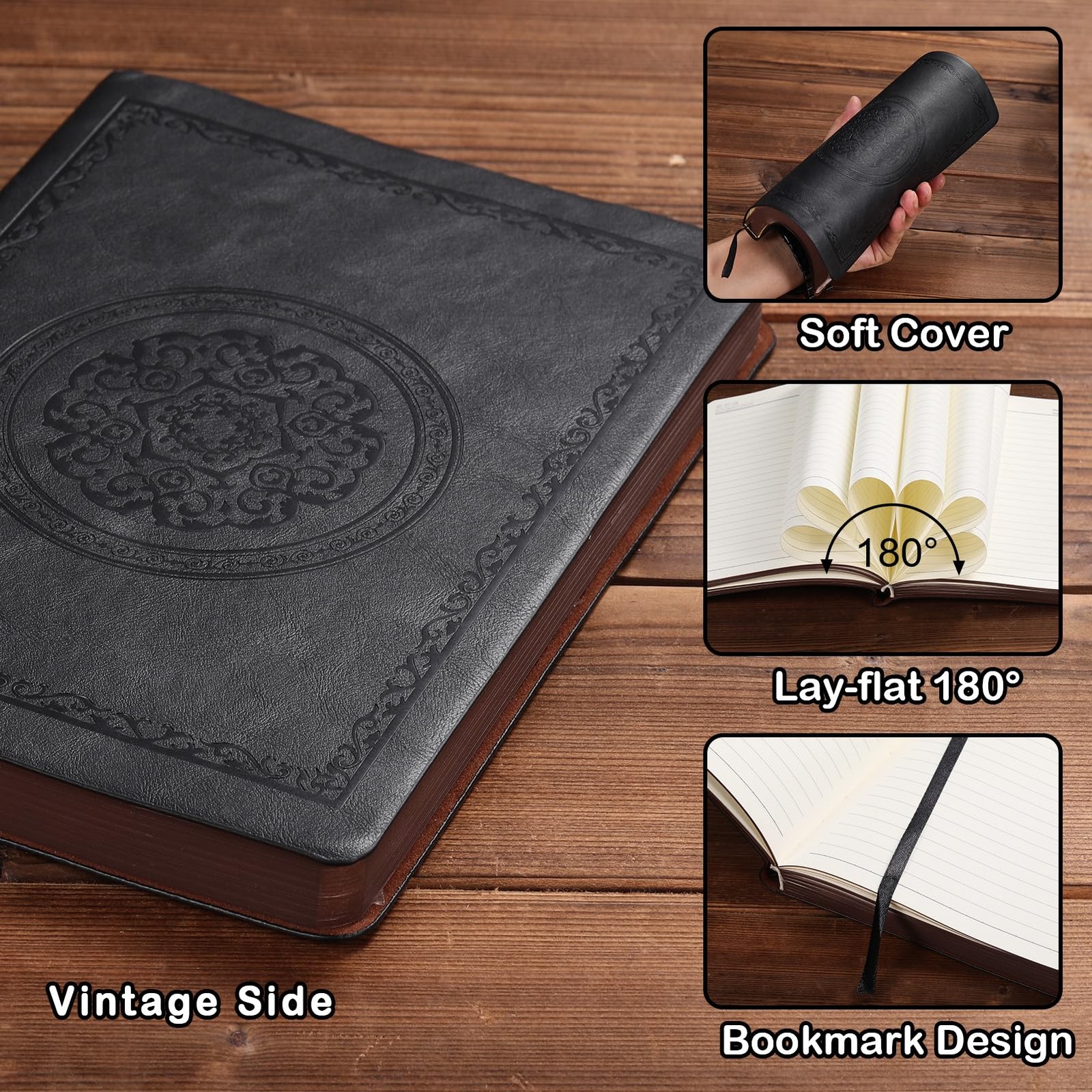 Fetinar 2026 Leather Vintage Journal Notebook,300 Pages,Leather A4, Black