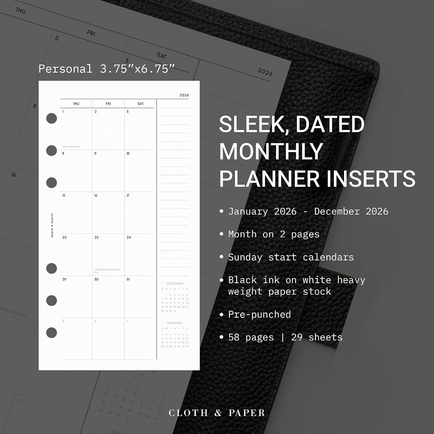 2026 Monthly Planner Inserts | Personal Size 3.75 x 6.75 Inches | Minimalist …