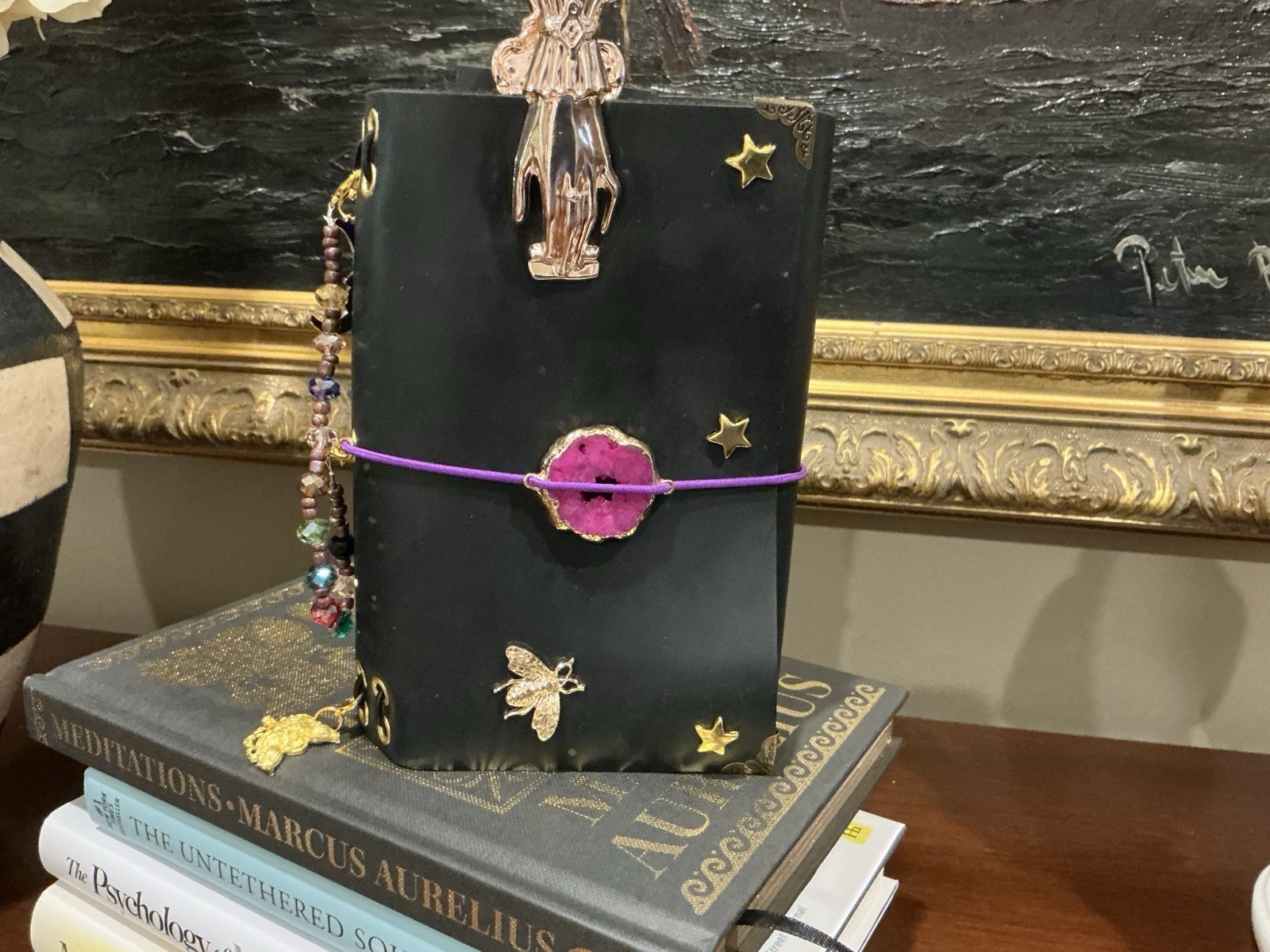 NEW Handmade Journal A6 Gold Hardware Purple Cord, pink druzy quartz charm