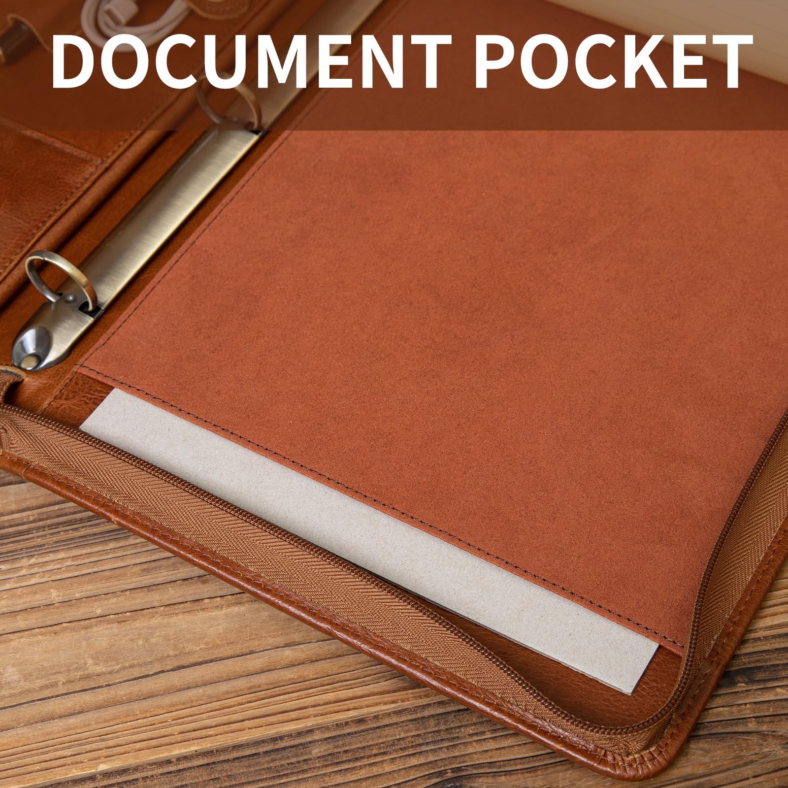 Handmade Leather 3 Ring Binder Portfolio with Front Pocket, Zippered Padfolio…