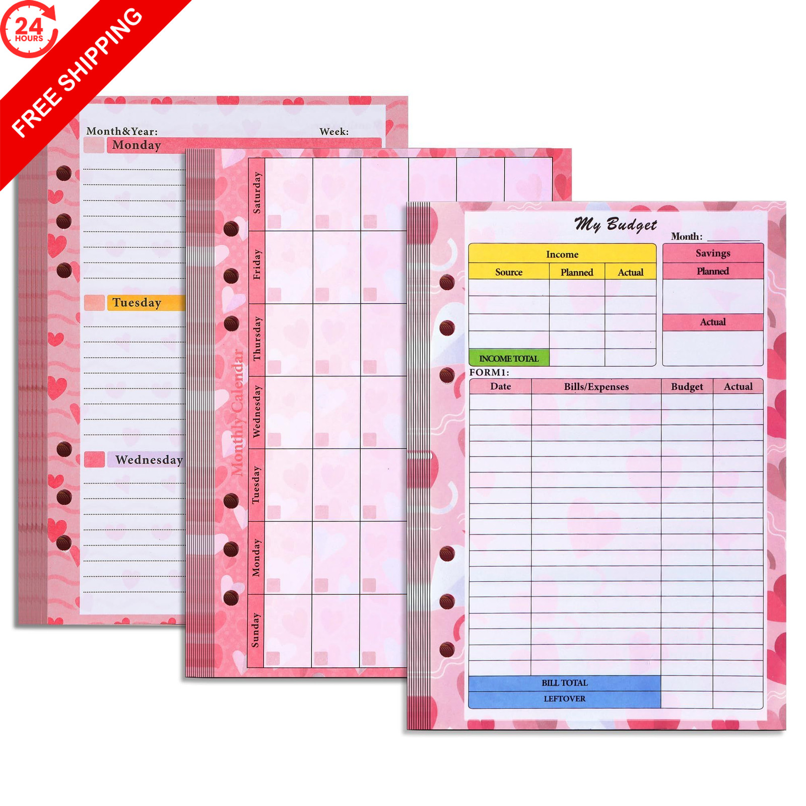 Toplive 3 Pack A5 Planner Refill 82 Sheet Colored Monthly Weekly 3 Pack, Pink