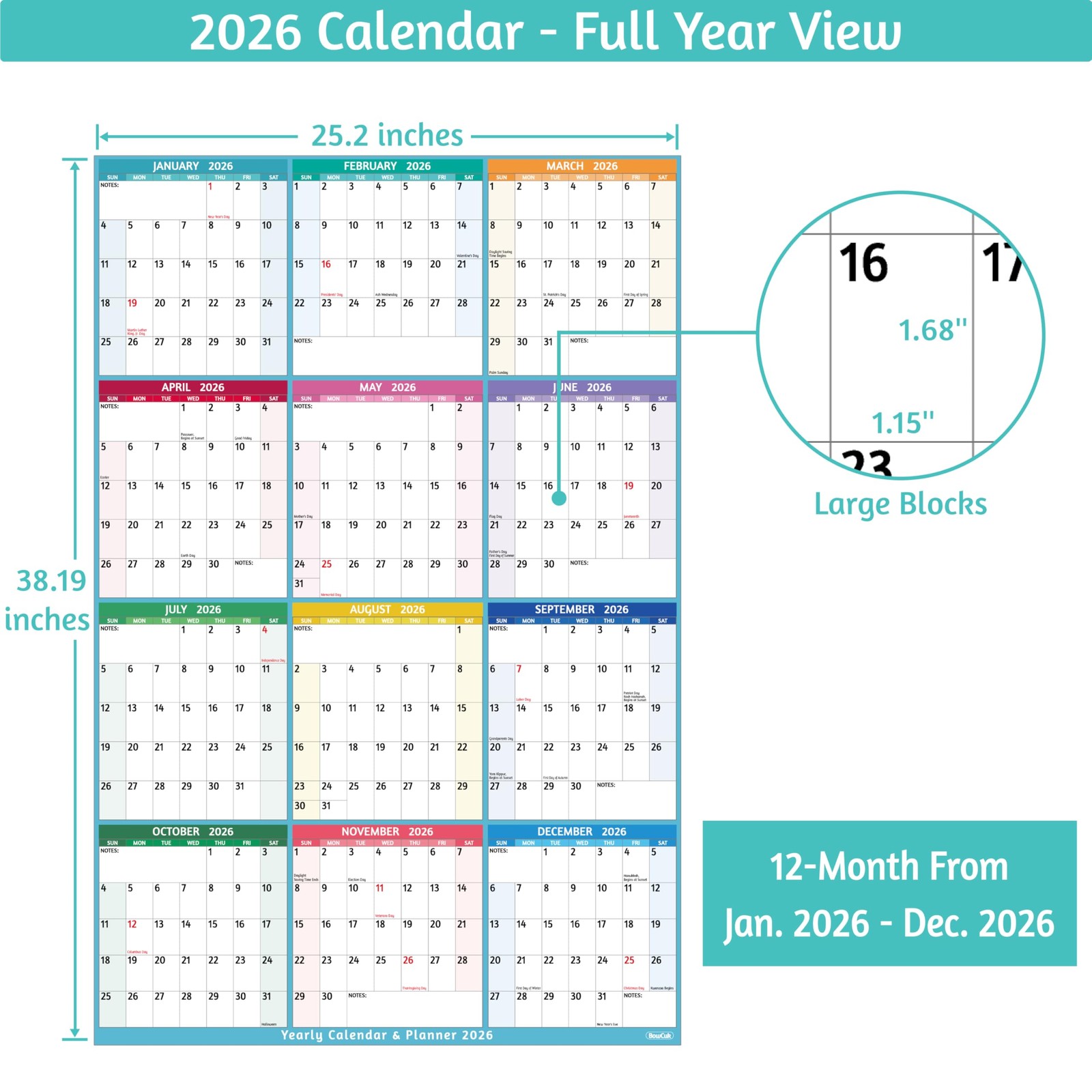 2026 Yearly Wall Calendar – Large 2026 Vetical, Jan 2026 -…
