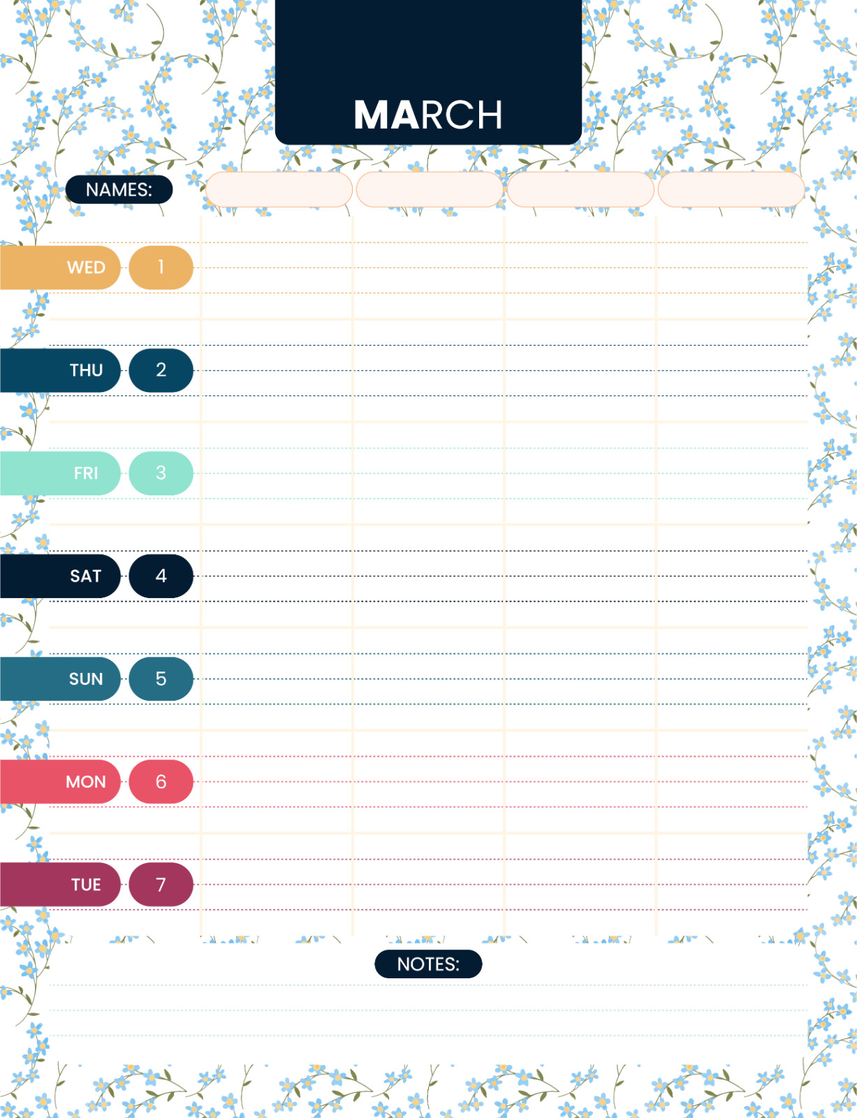 Family Planner 2023 – 4 columns, 12 months, Floral themes / Instant download.pdf