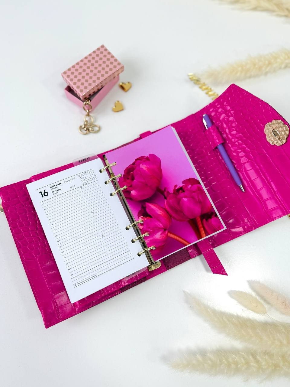 Pink A6 leather notebook cover-bag binder 6-Rings. Dated planner gift for her.