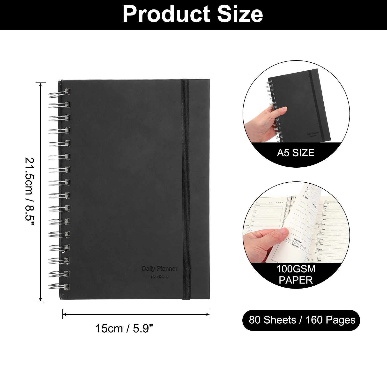 A5 5.5″x 8.5″ Undated Daily Planner with Hourly Schedule Inner Pocket, Black