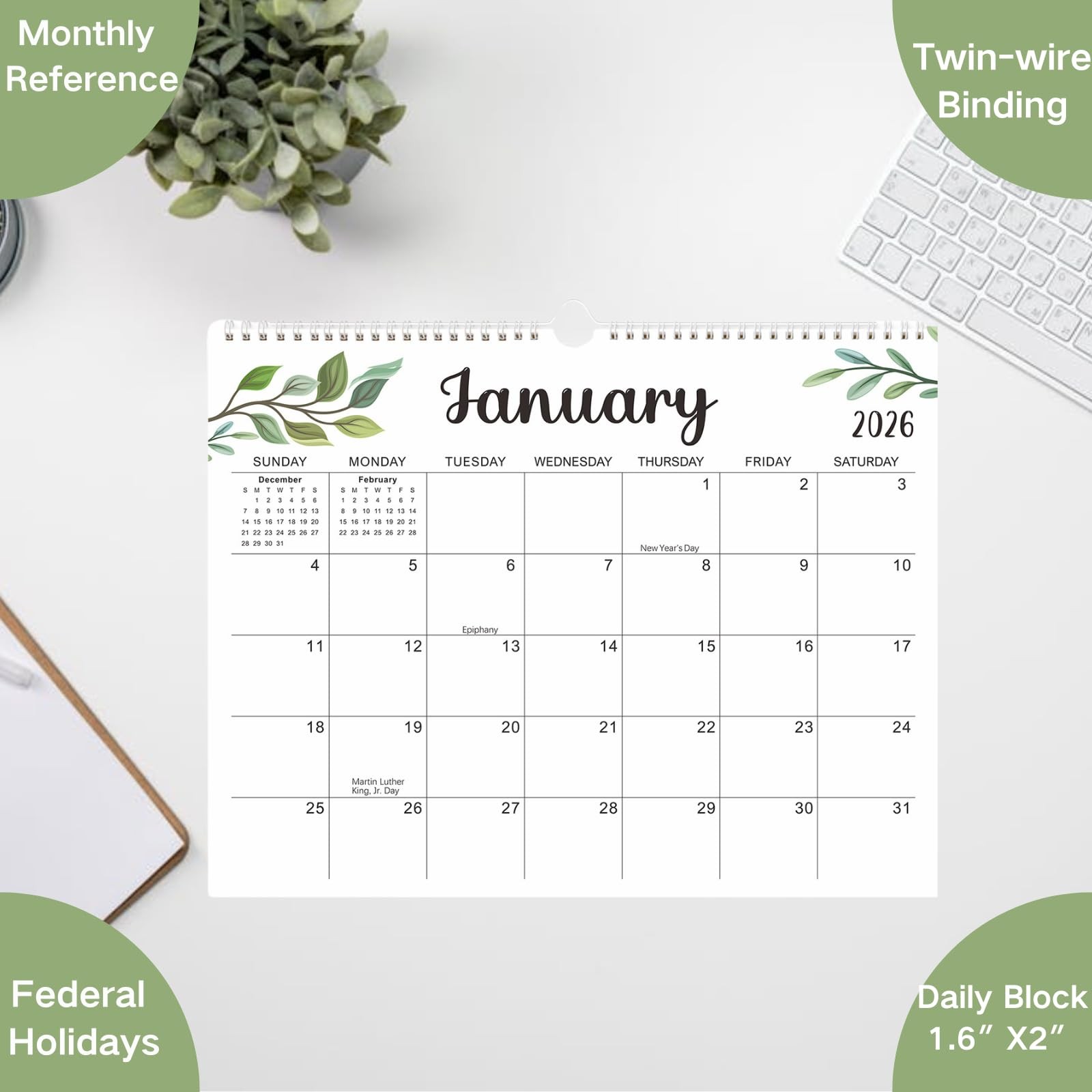 Wall Calendar 2026-2027, 18 Months for Wall, Twin-Wire Binding Green
