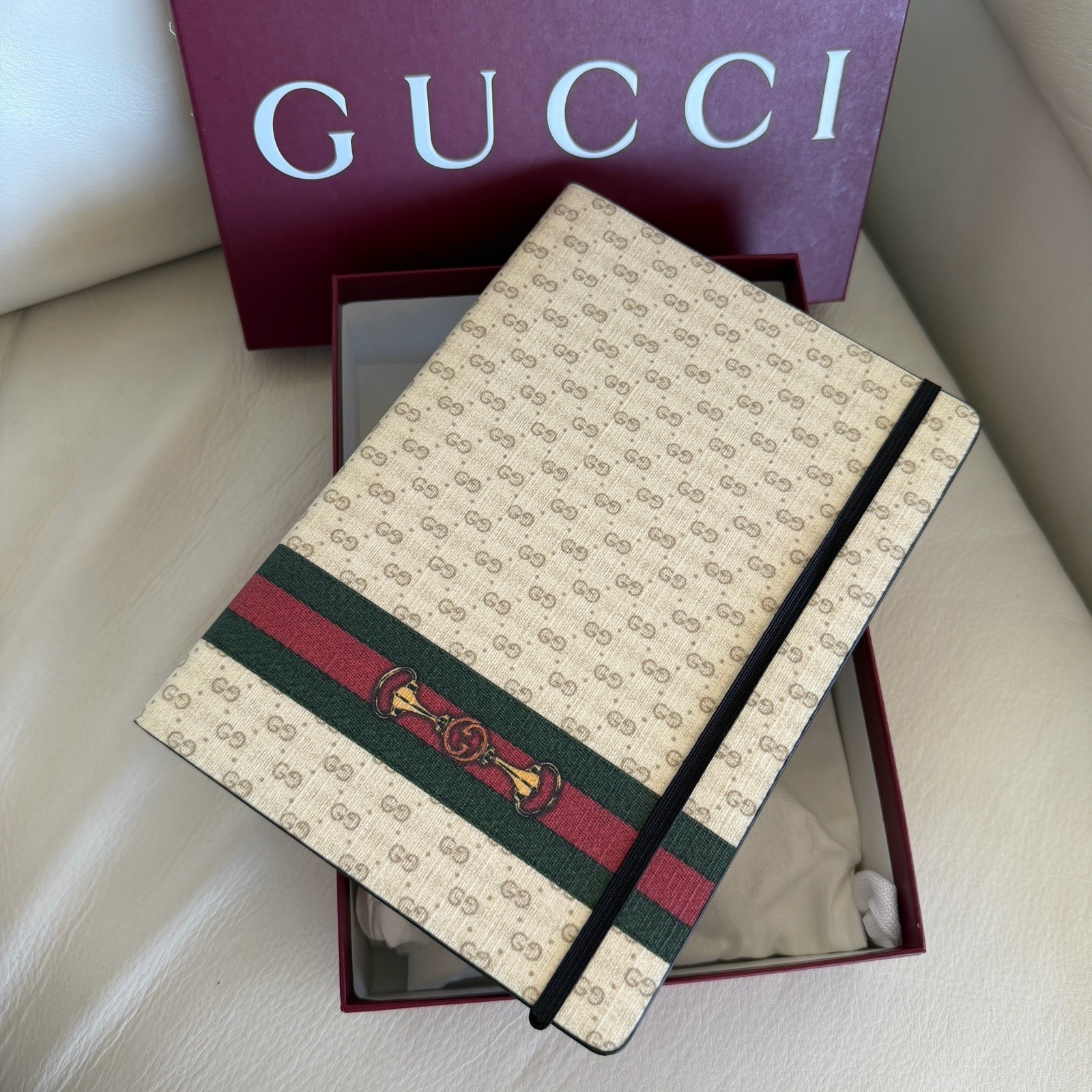 New Large Gucci Notebook with Web and Horsebit in Ivory and Brown mini GG