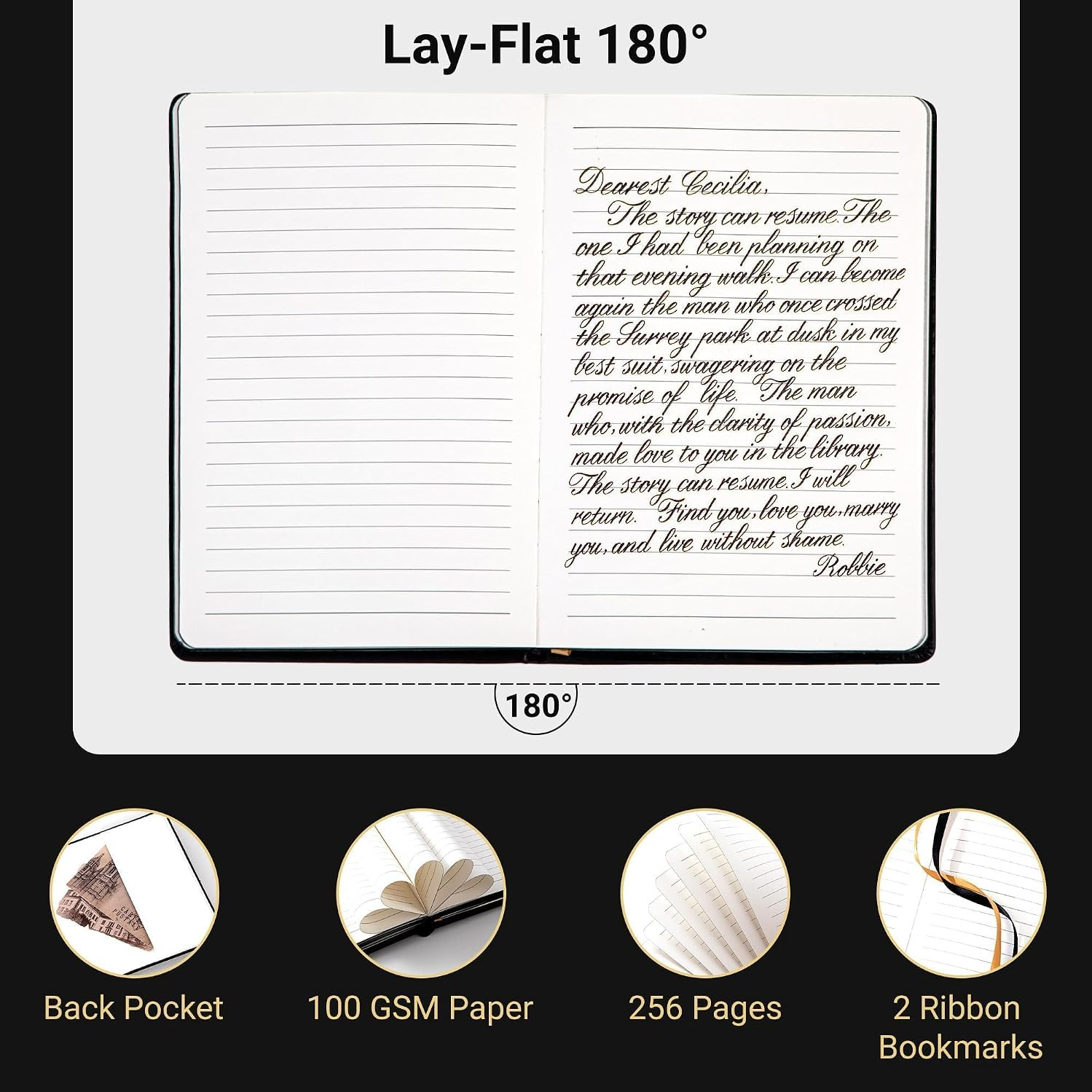Lined Journal Notebook for Men and Women, 256 Pages Black Journals for Writing
