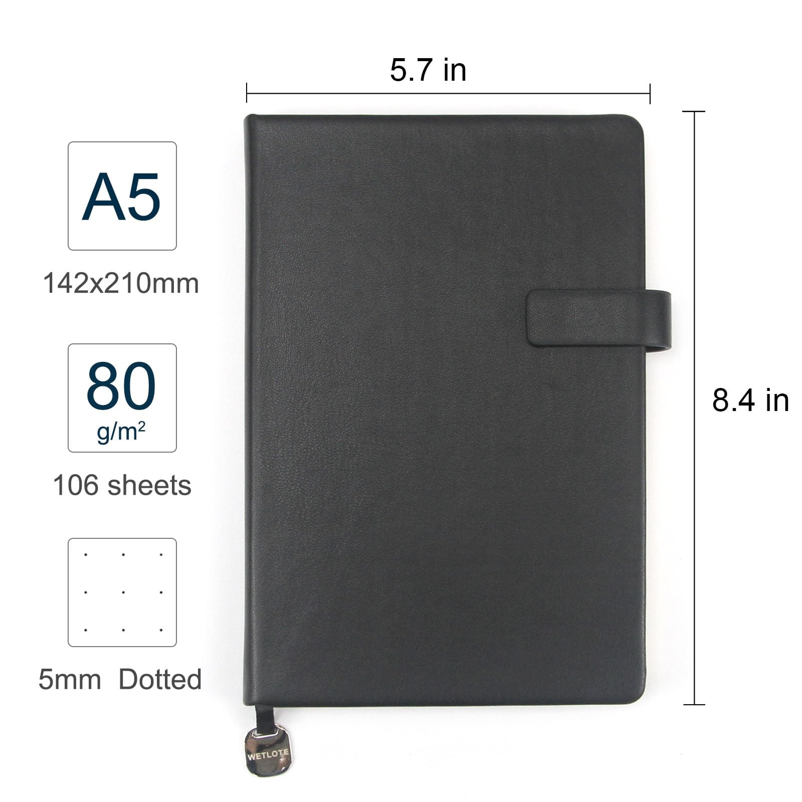 A5 Hard Cover Dot Grid Notebook, Pen Holder & Gold Edges, 180° Lay Flat Journ…