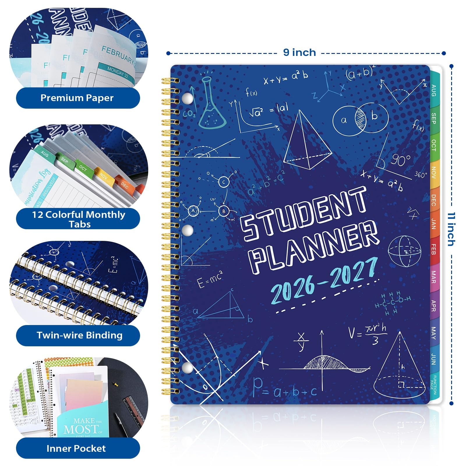 Student Planner 2026-2027 – Academic Year Weekly & Monthly 11″ x 9″, Blue