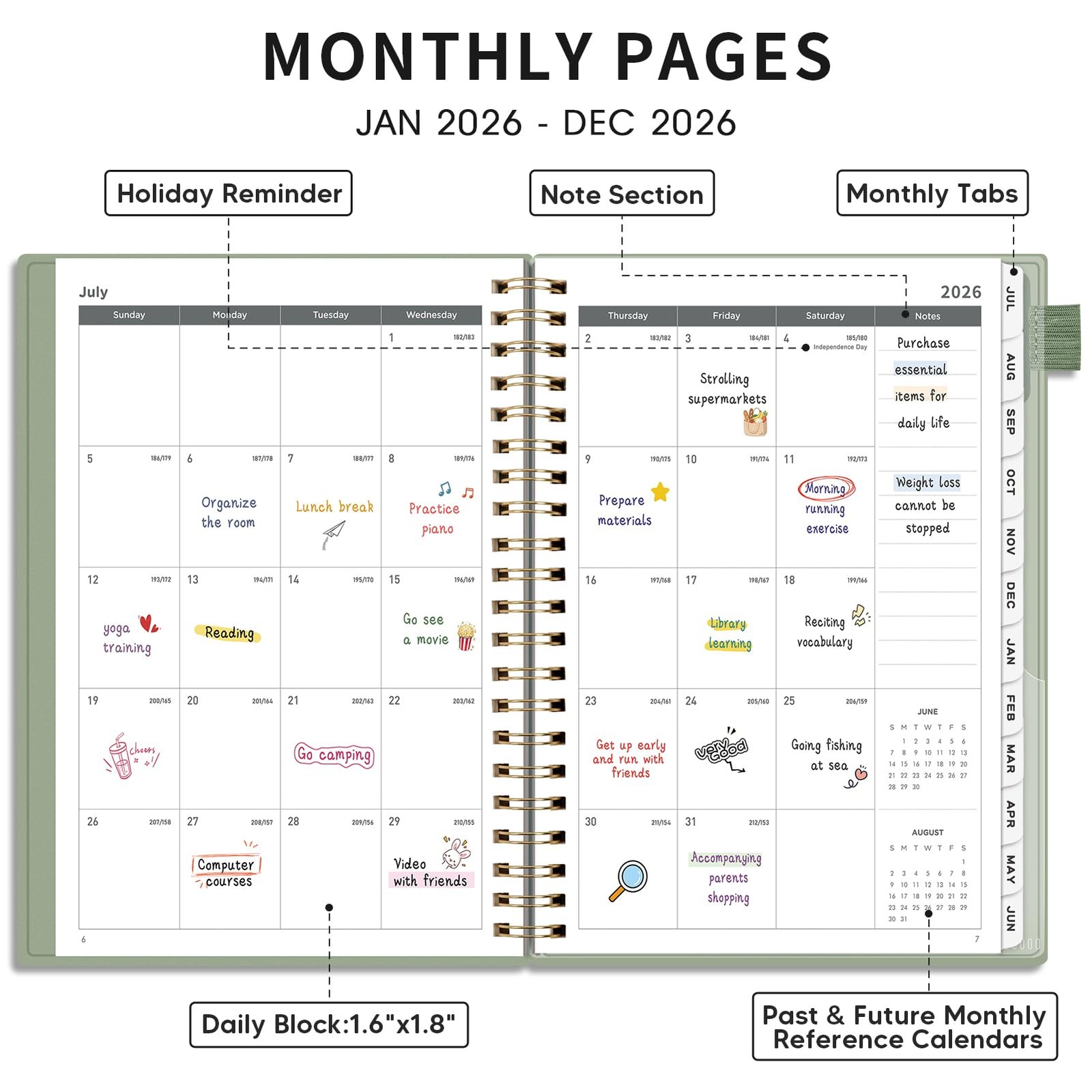 AHGXG Academic Planner 2026-2027, July 2026 – June 8.5″ x 11″, Light Green