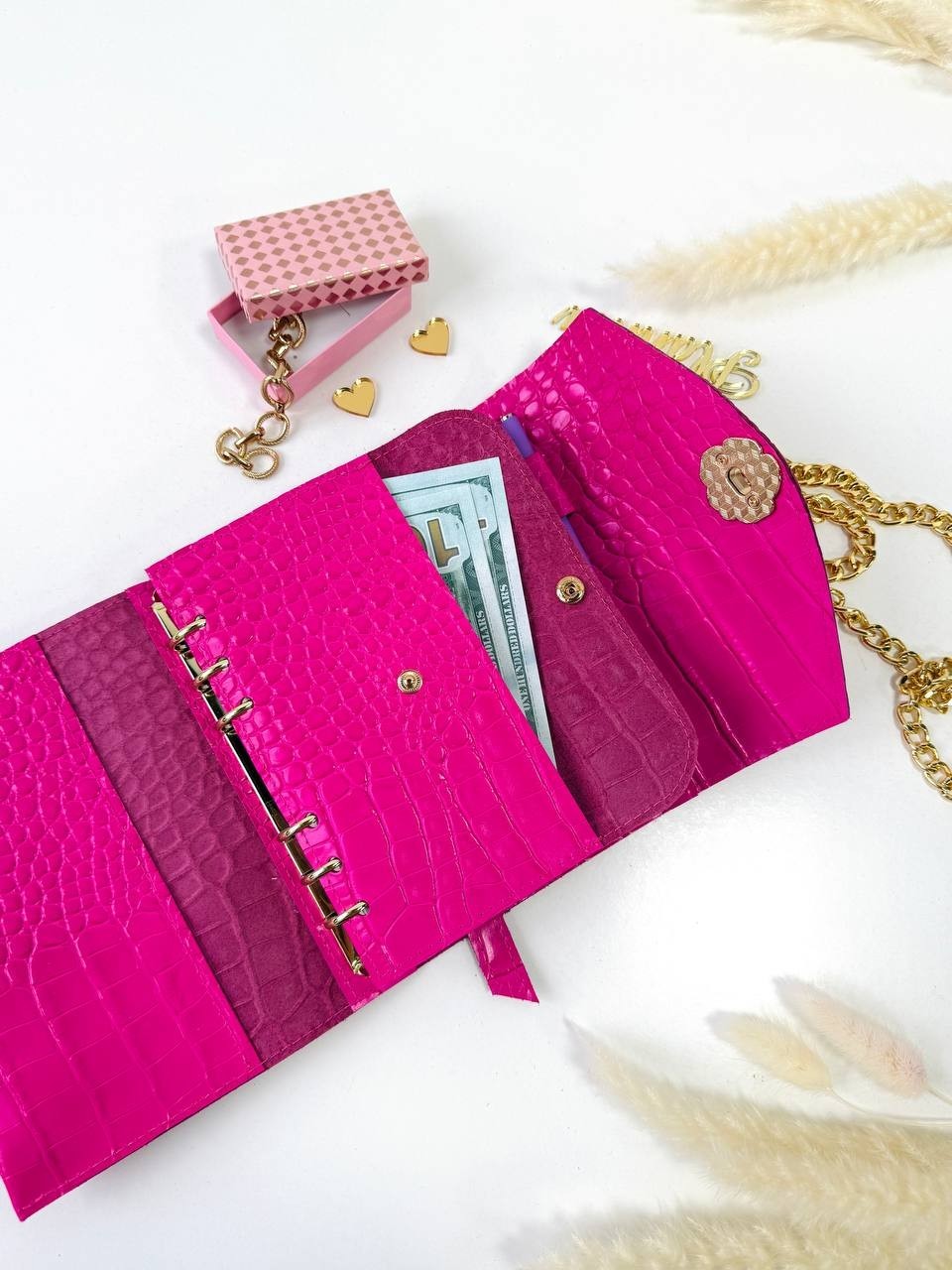 Pink A6 leather notebook cover-bag binder 6-Rings. Dated planner gift for her.