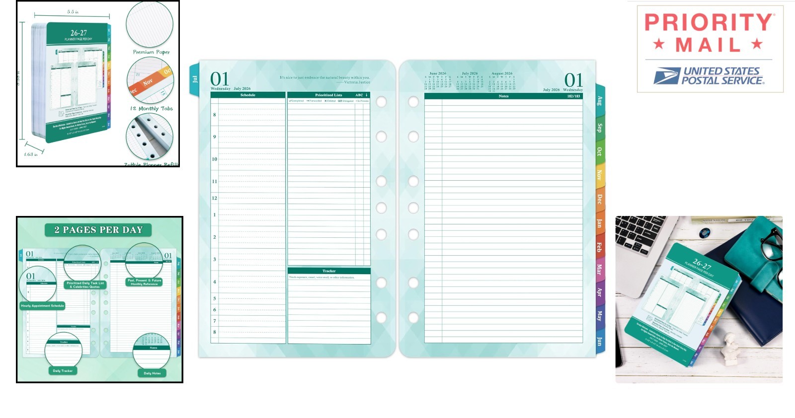 A5 Planner Refills 2026-2027 Daily Monthly Green 730 Pages Two Pages Per Day