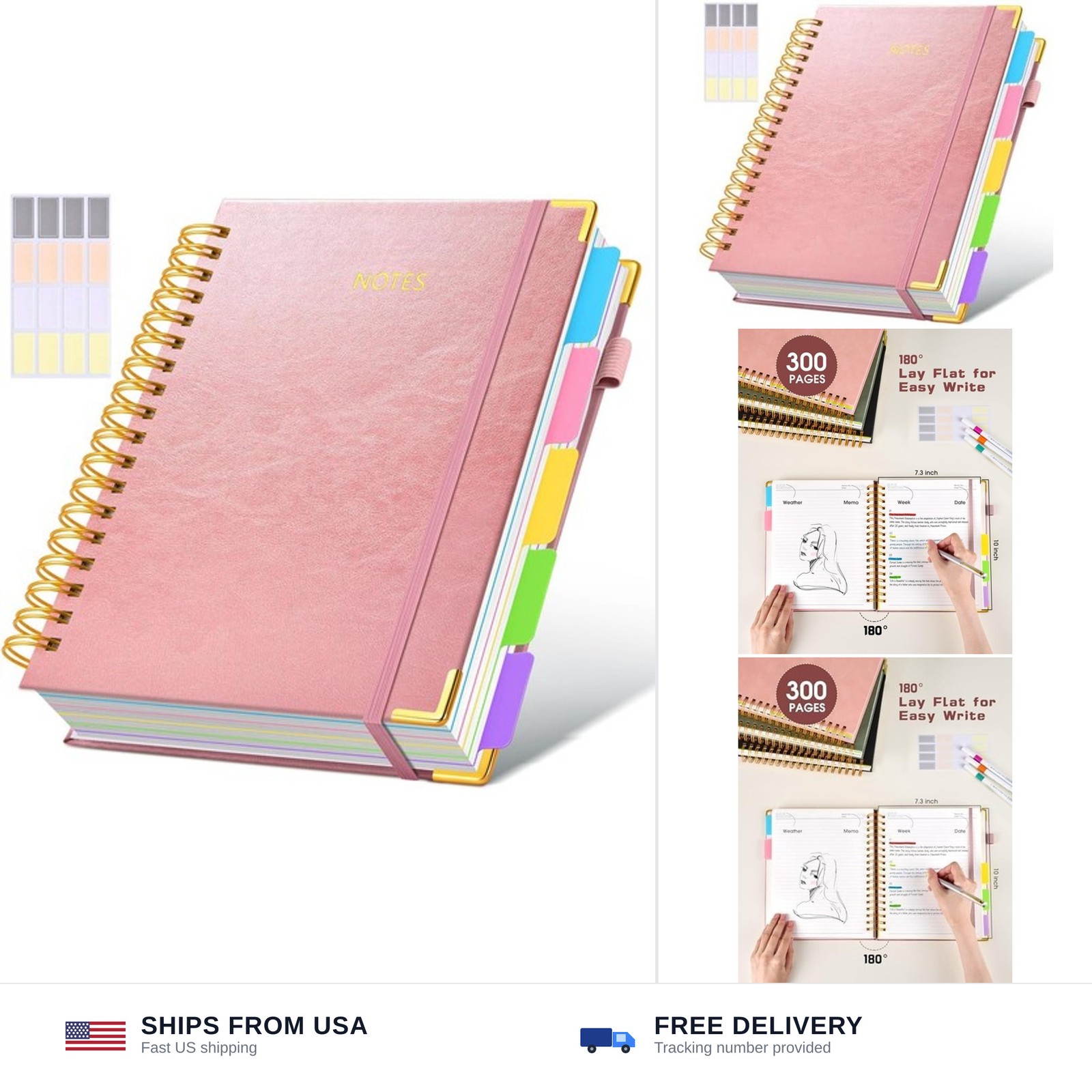 Hardcover Spiral Notebook Journal with Removable Dividers Tabs, 300 Pages Lea…