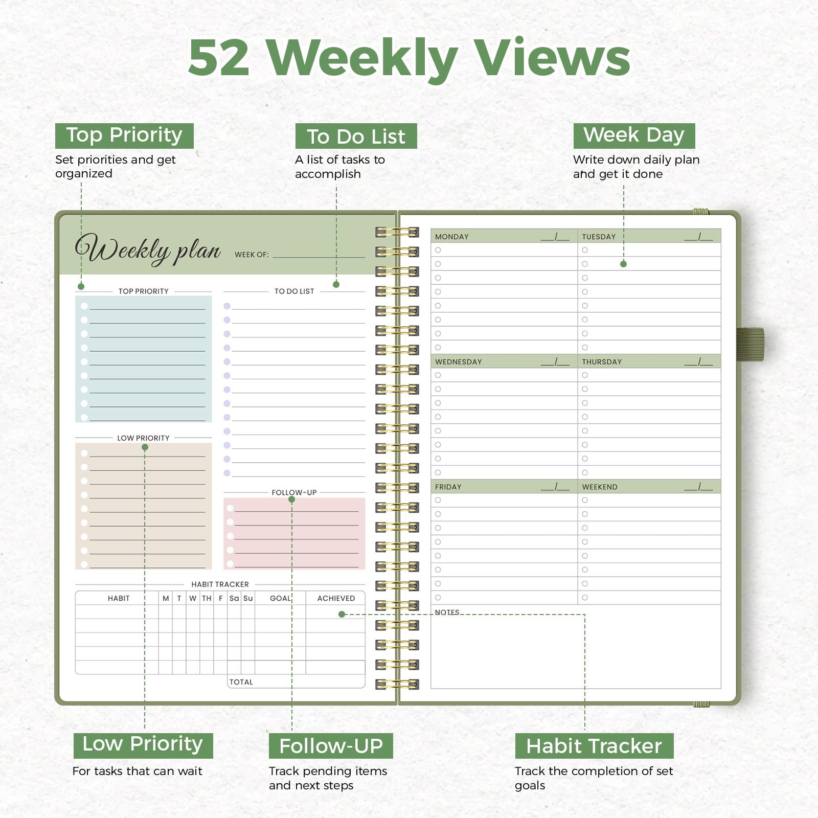 Oucaru Undated Weekly Planner, A5 To Do List Notebook with A5-Green, Green