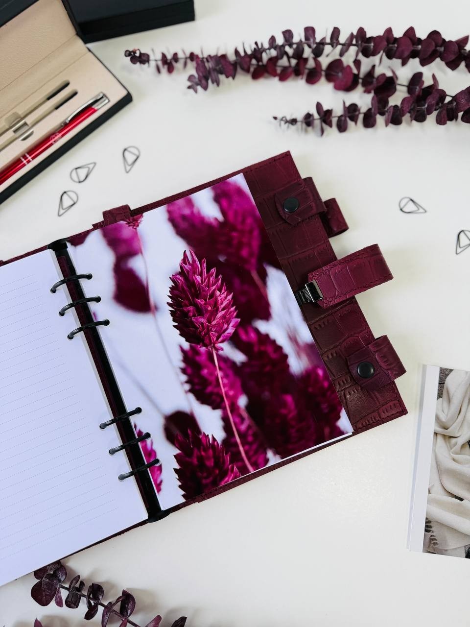 Burgundy Leather notebook cover A5 model 3in1 organizer.Lather planner binder.