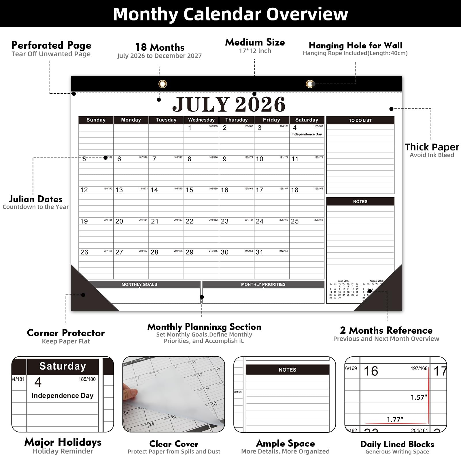 Tcamp Desk Calendar 2026-2027, Large 17″x12″(Jul 2026-Dec 2027), Black+White