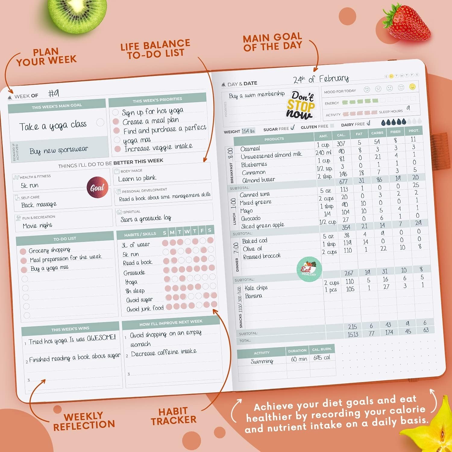 Stylish Daily & Weekly Health Planner: Track Meals & Wellness Goals Effortlessly