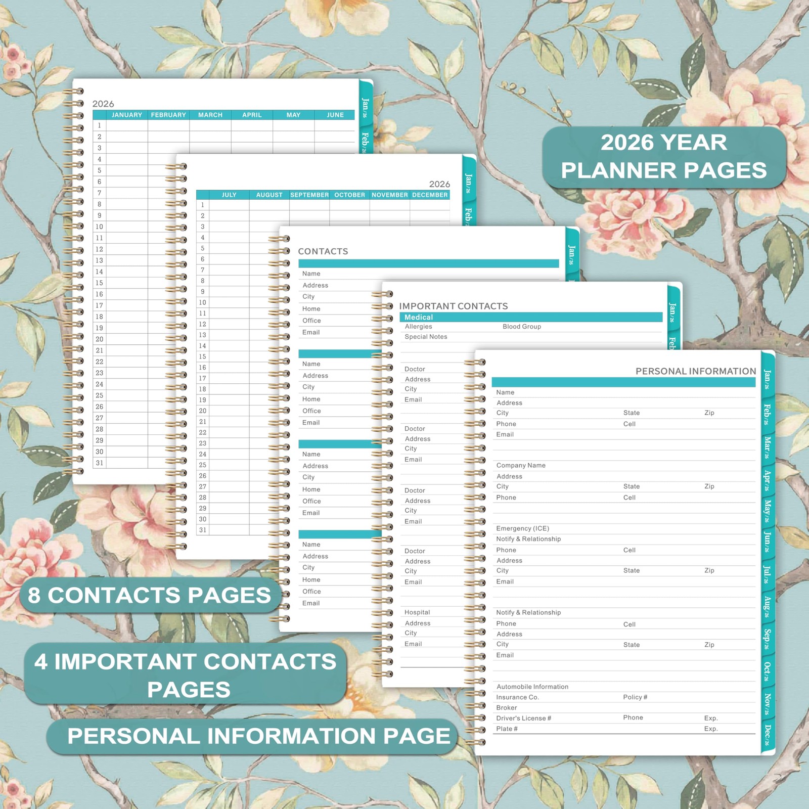 2026 Calendar Planner, Twin Wire Binding, 9×11 Inch, Notes Pages, Green