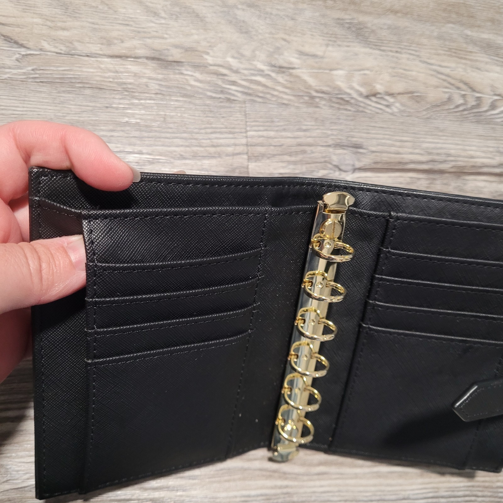 Black BiFold A7 Binder Wallet 15mm Gold Rings with Large Back Pocket
