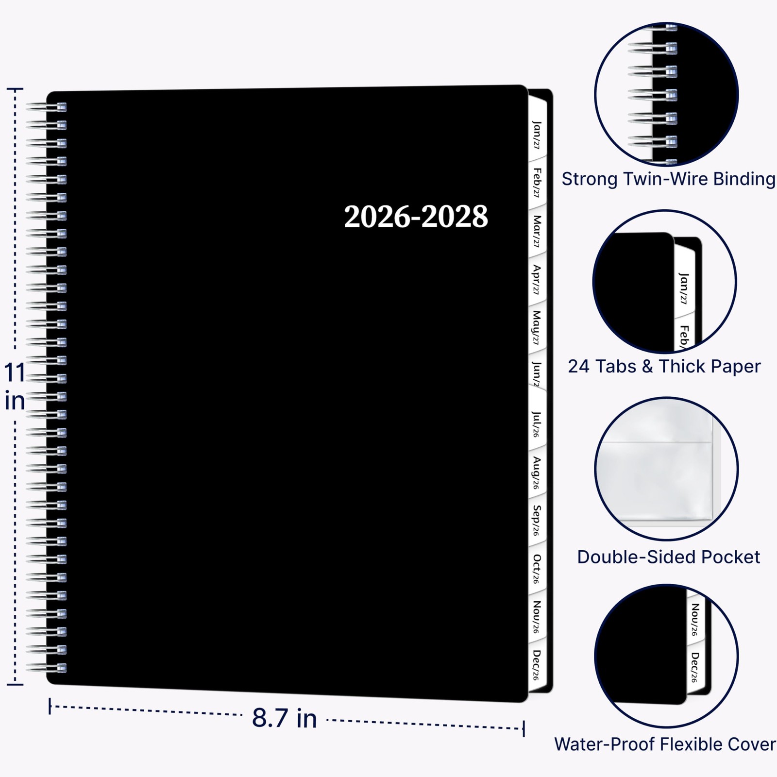 2026-2028 Monthly Planner, 2 Year Calendar 8.5 x 11 inches, Black