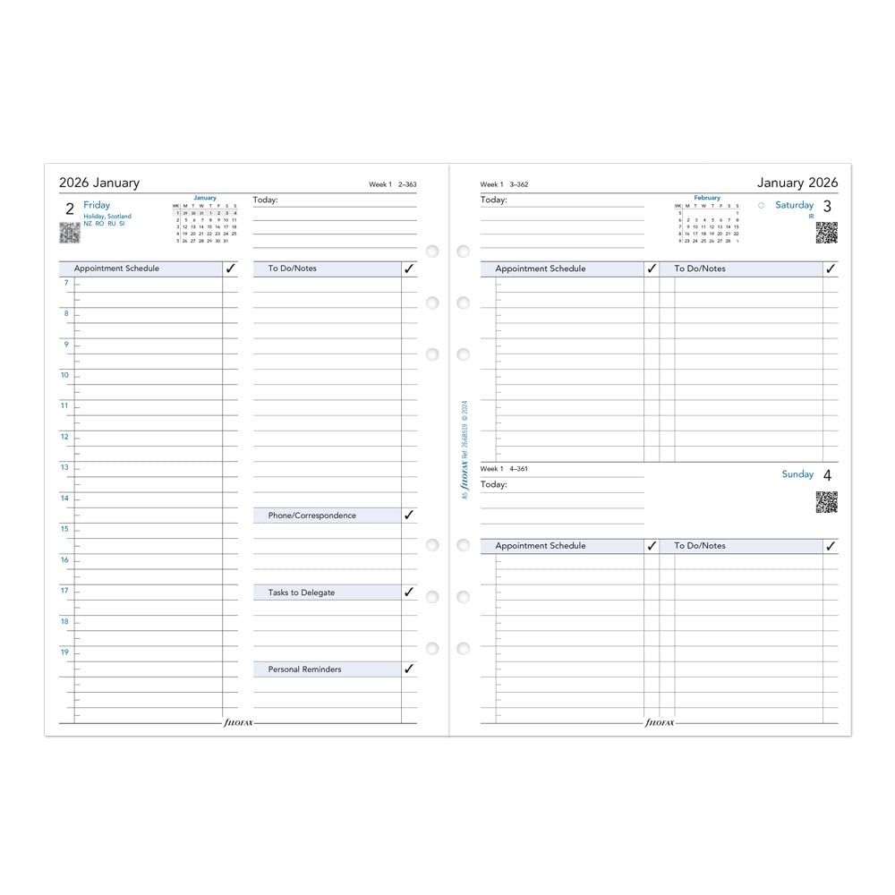 Filofax Calendar Diary Refill, A5 Size, One Day on Page with A5, White