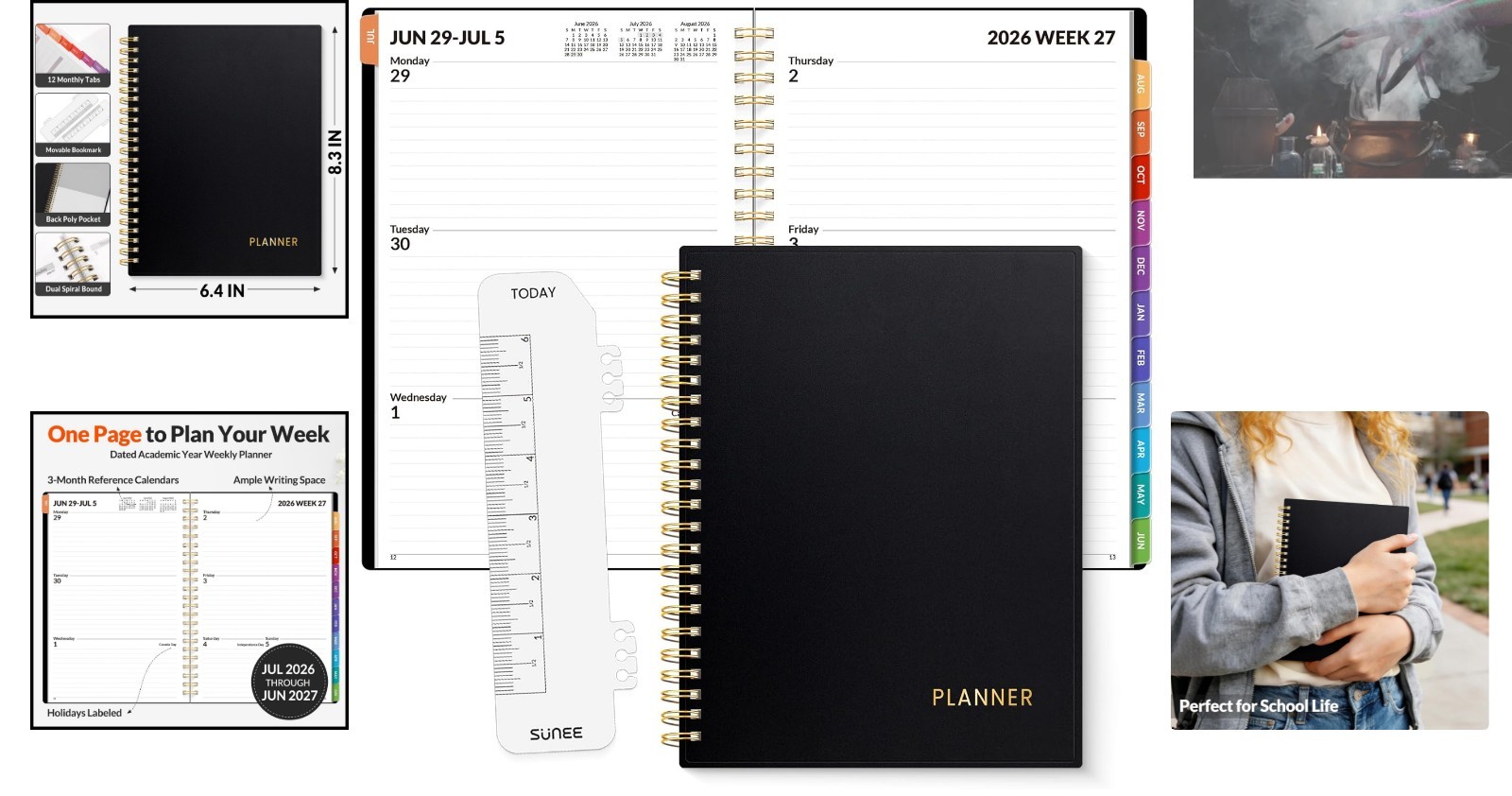 Portable 2026-2027 Weekly & Monthly Academic Planner: Black with Rainbow Accents