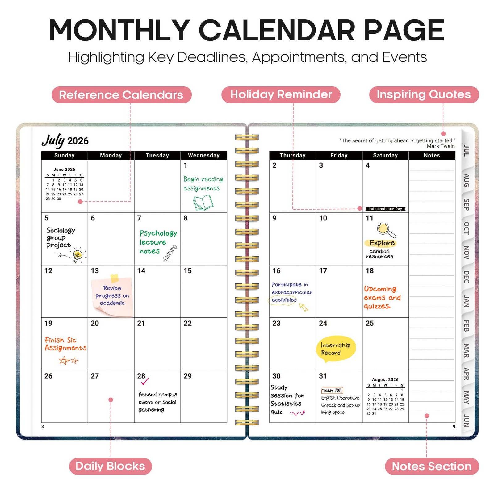 Planner 2026-2027, Academic Year Weekly and Monthly (6.3″x8.5″)a5, A-Sunset