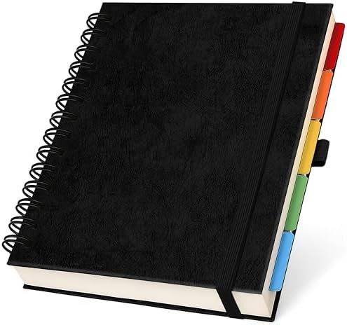 Hardcover Leather Lined Spiral Notebook 8×10″ with Removable Dividers – Black –