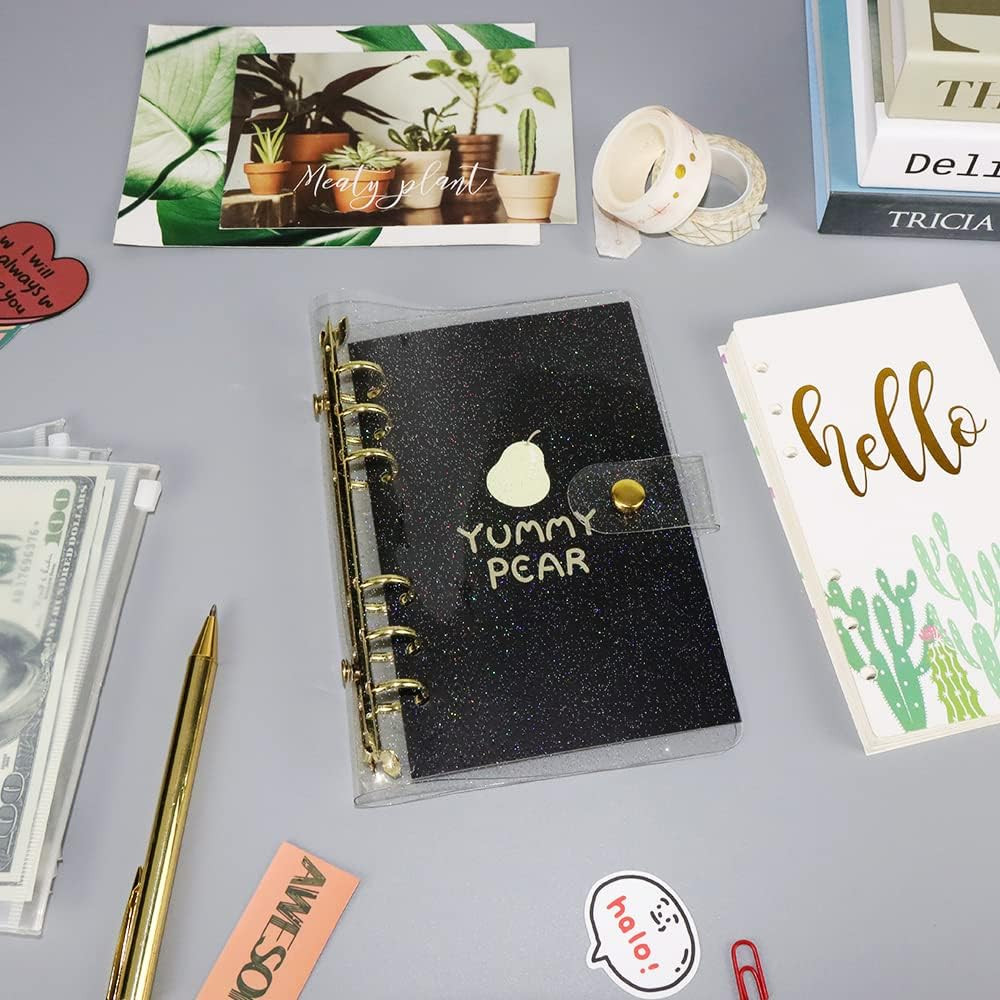 A6 6-Ring Glitter PVC Binder Planner Cover Gold Rings Loose Leaf Notebook Bin…