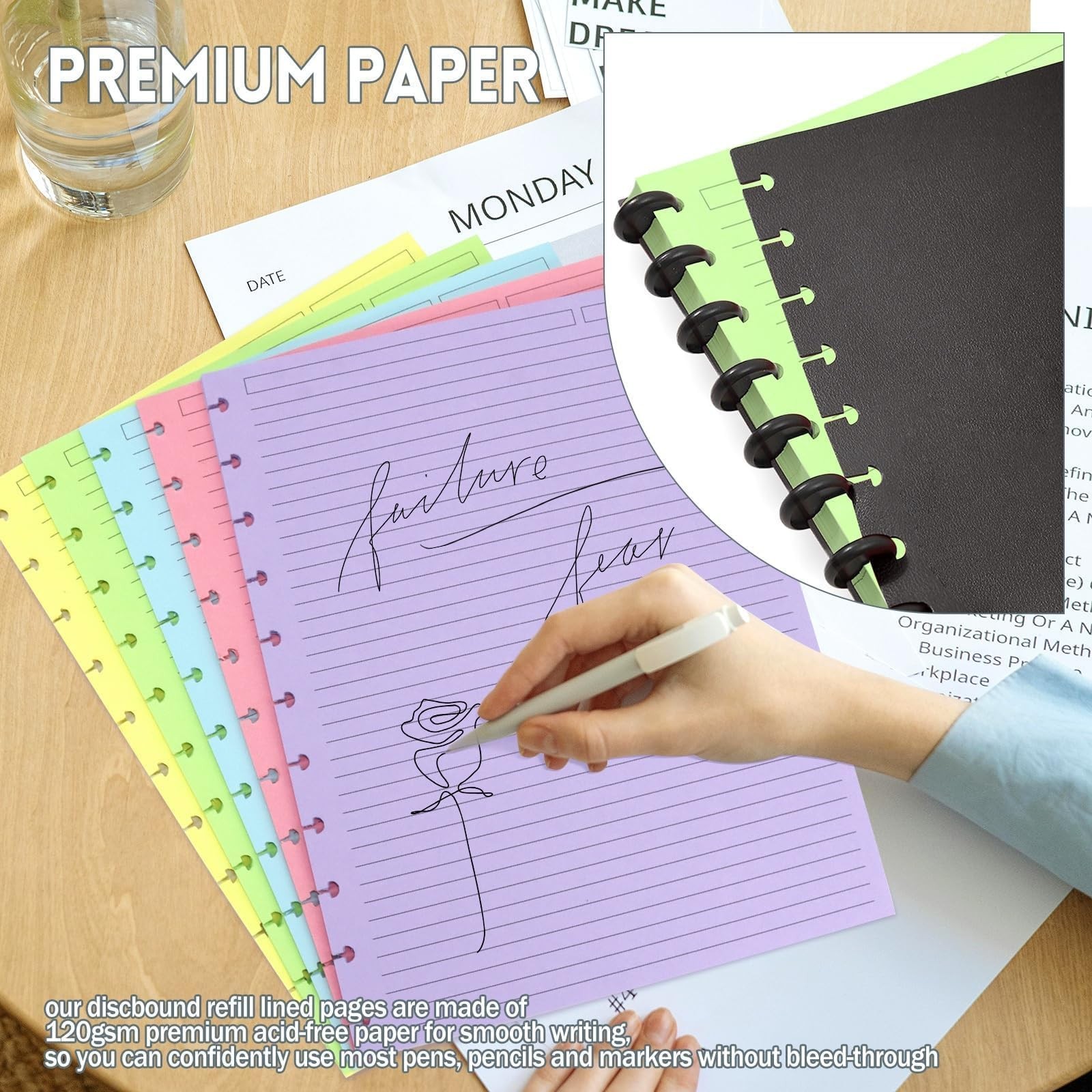 Discbound Refill Paper 120 Sheets, Letter Size, pink blue yellow green purple