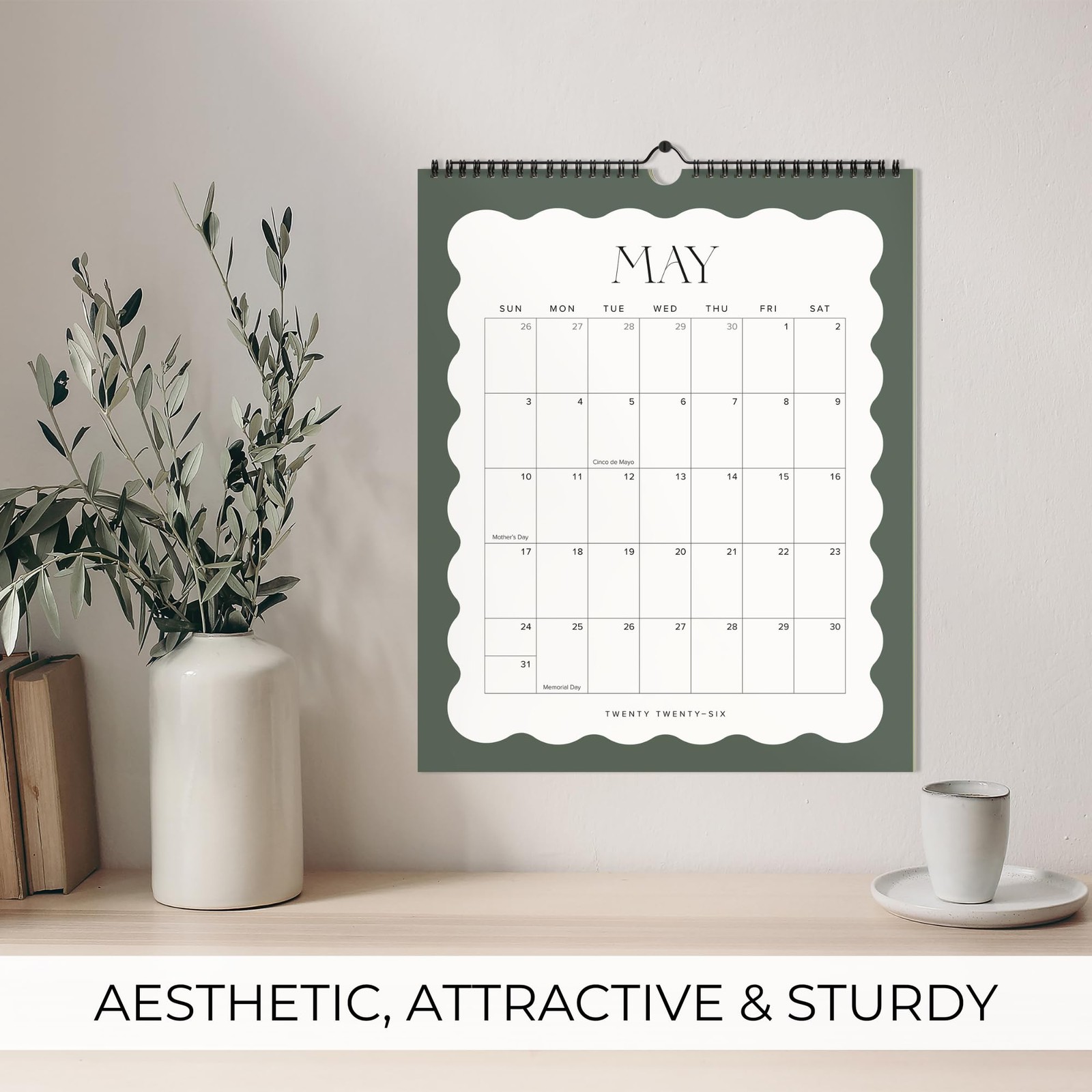 Aesthetic 2026 Wall Calendar – Runs from January 2026 Until July Beige-Sage