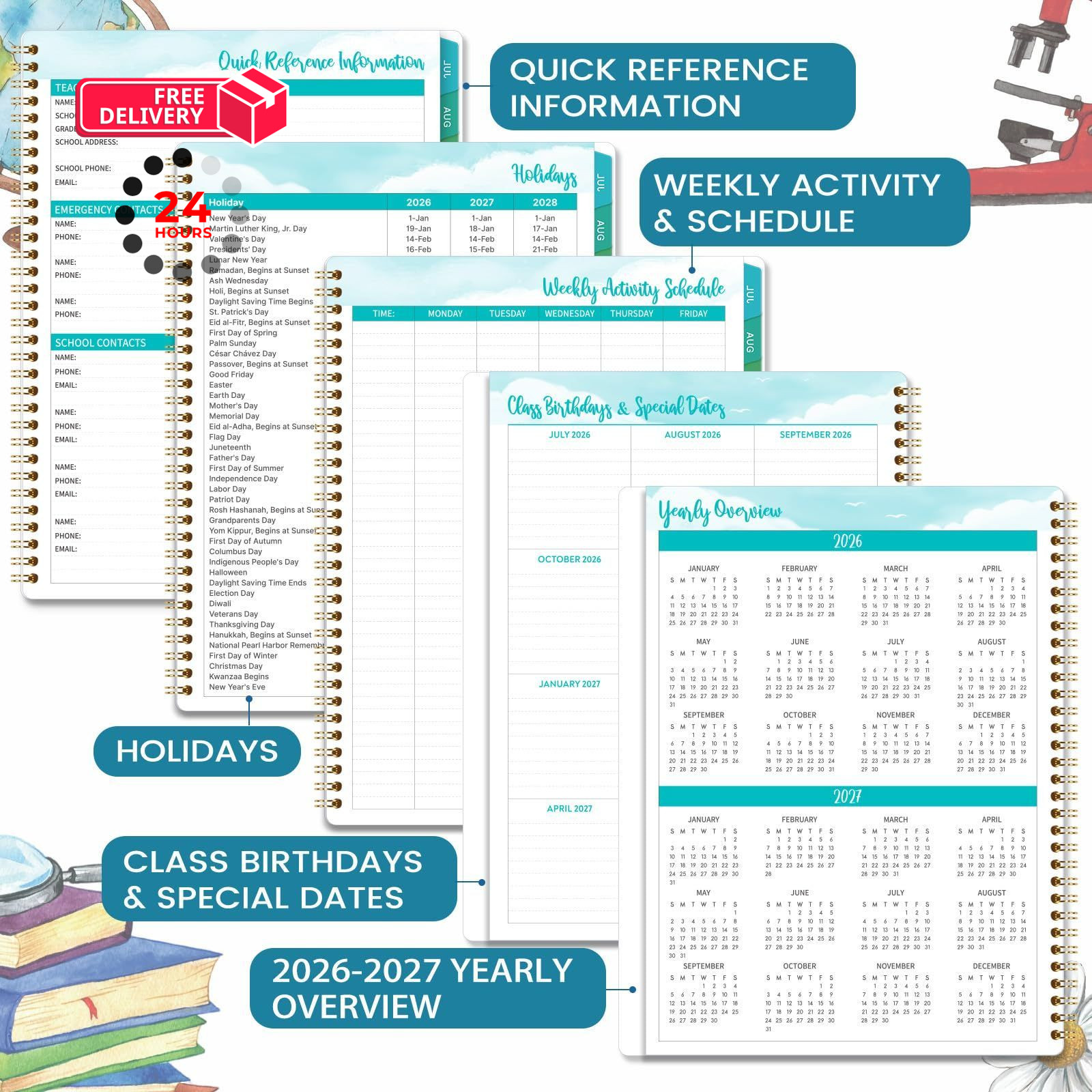 2026-2027 Teacher Planner, July 2026 – June 2027, 8.5″ x 11″, Multicolored