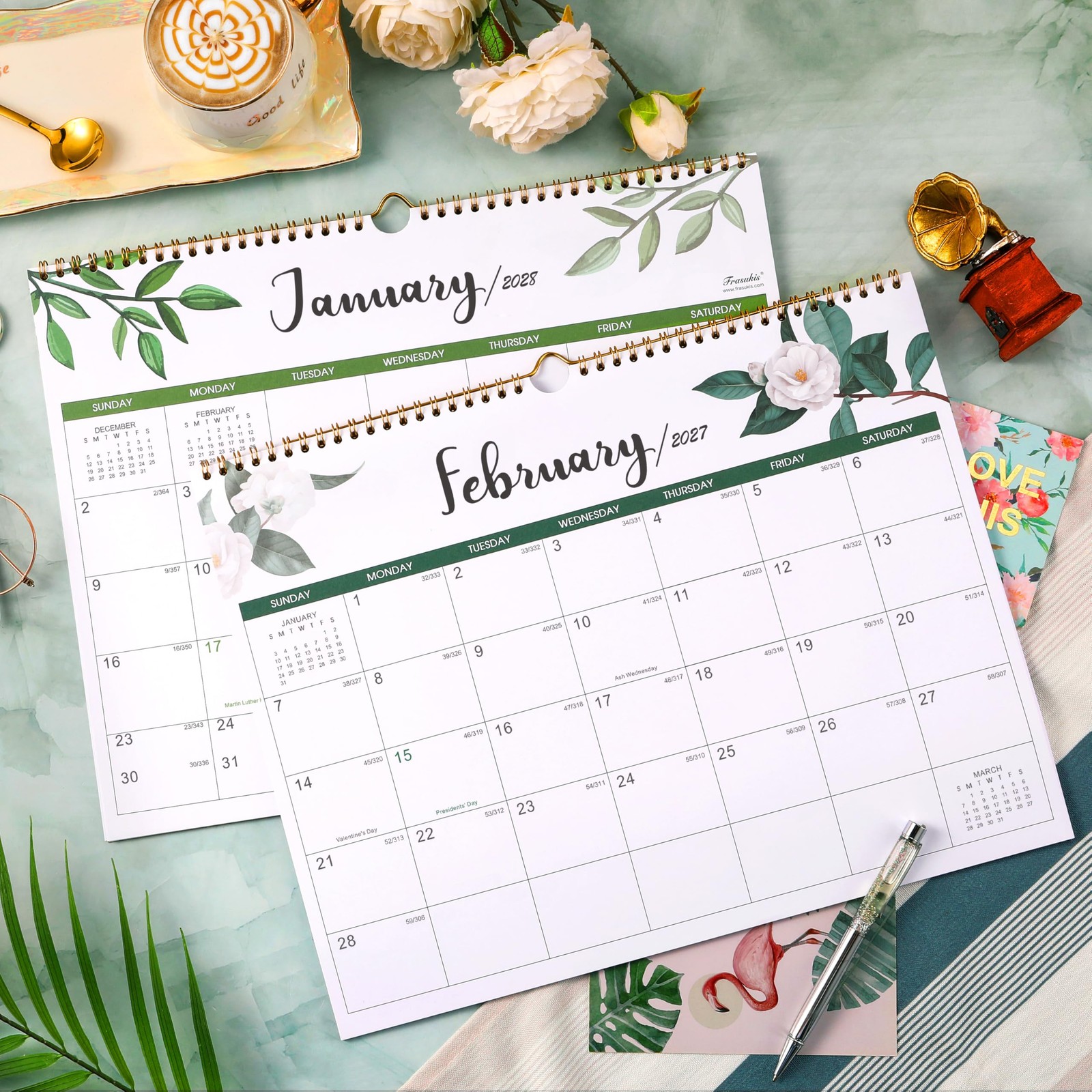 Calendar 2026-2028, 2 Years Wall 14.8” x 11.5”（2026-2027）, Light Green