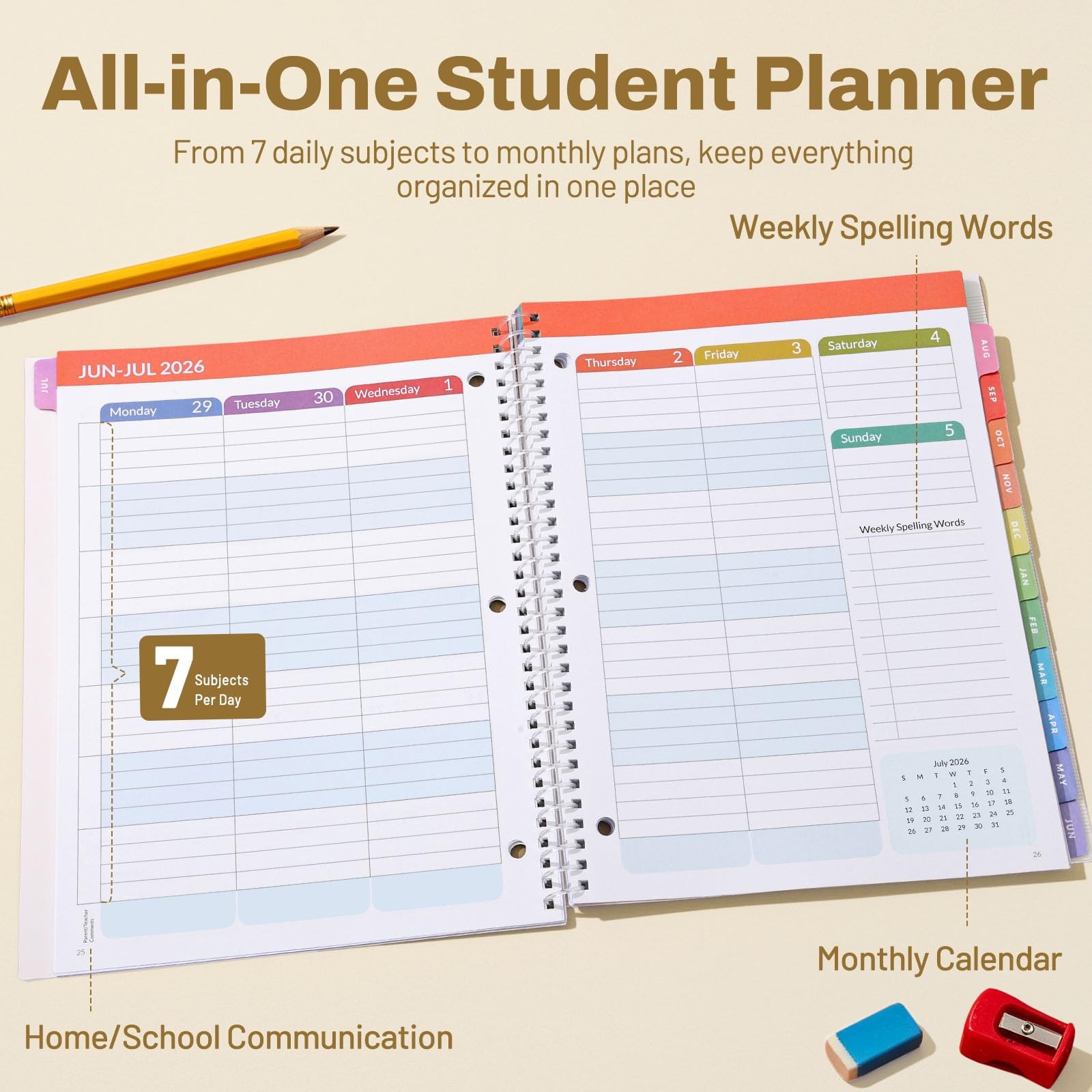 SUNEE Elementary Student Planner 2026-2027, A4 8.5″×11″, Beige Rainbow