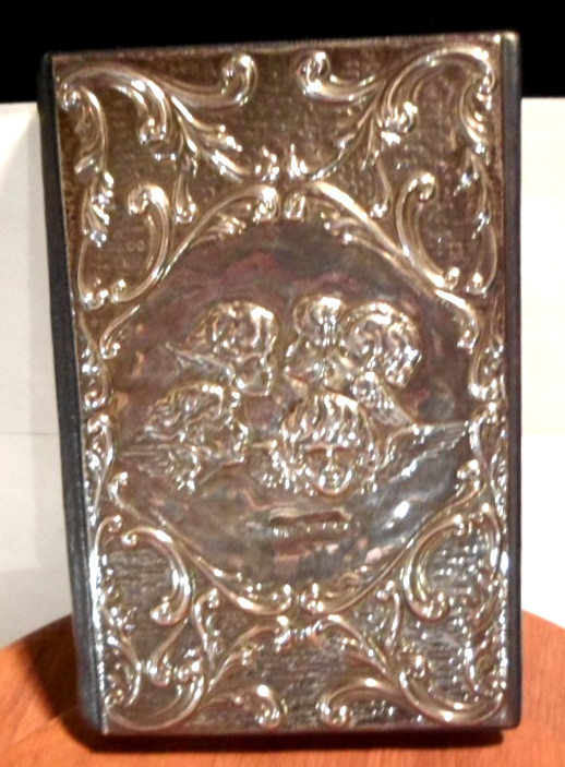 VINTAGE STERLING SILVER REPOUSSE CHERUB FRONT ADDRESS BOOK LEATHER-BOUND UNUSED