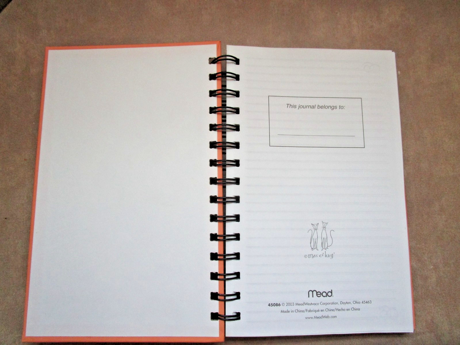 Vtg. Orange w/ Cat Cover Book Spiral Lined Ruled Pages Journal Diary- Mead Brand
