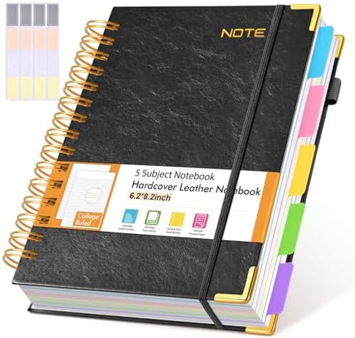 Hardcover Spiral Notebook with Removable Dividers Tabs, 300 pages Leather 5 S…